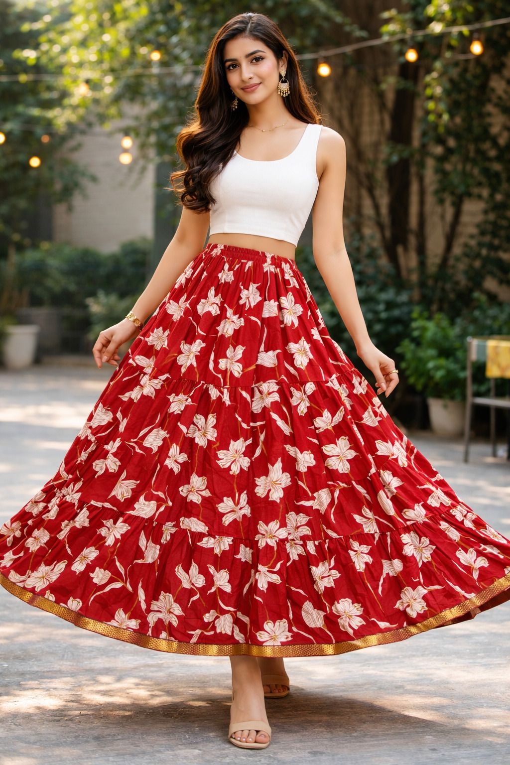 Women Printed Regular Red Skirt