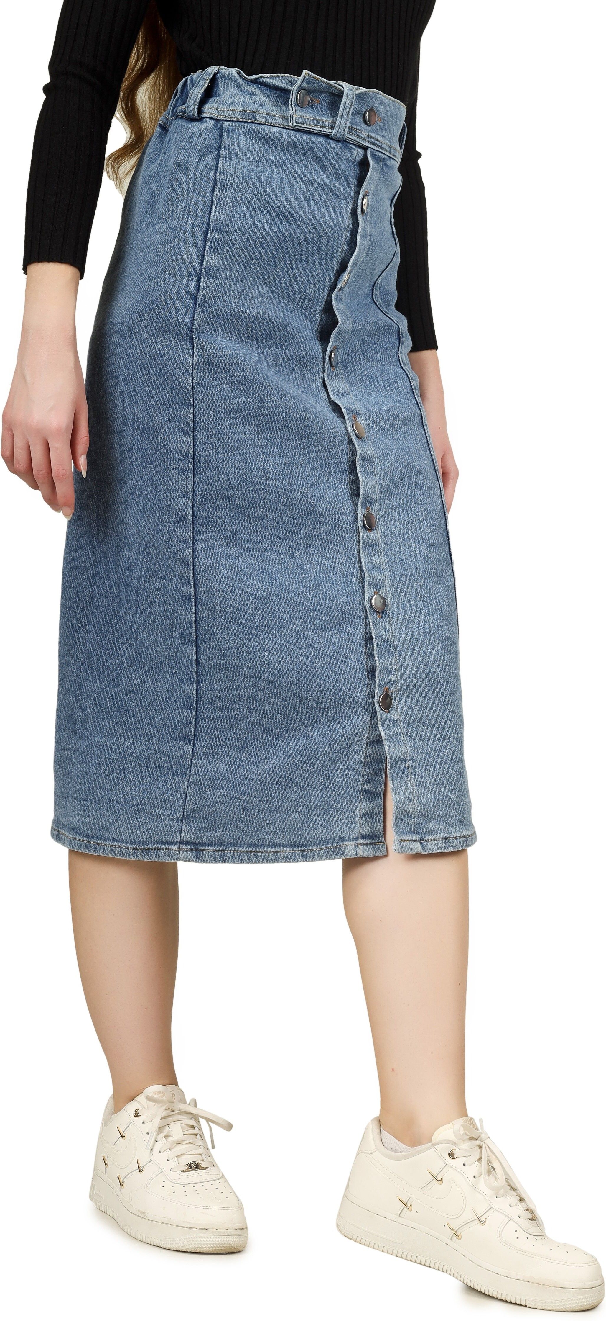 Women Solid Straight Light Blue Skirt-image-11