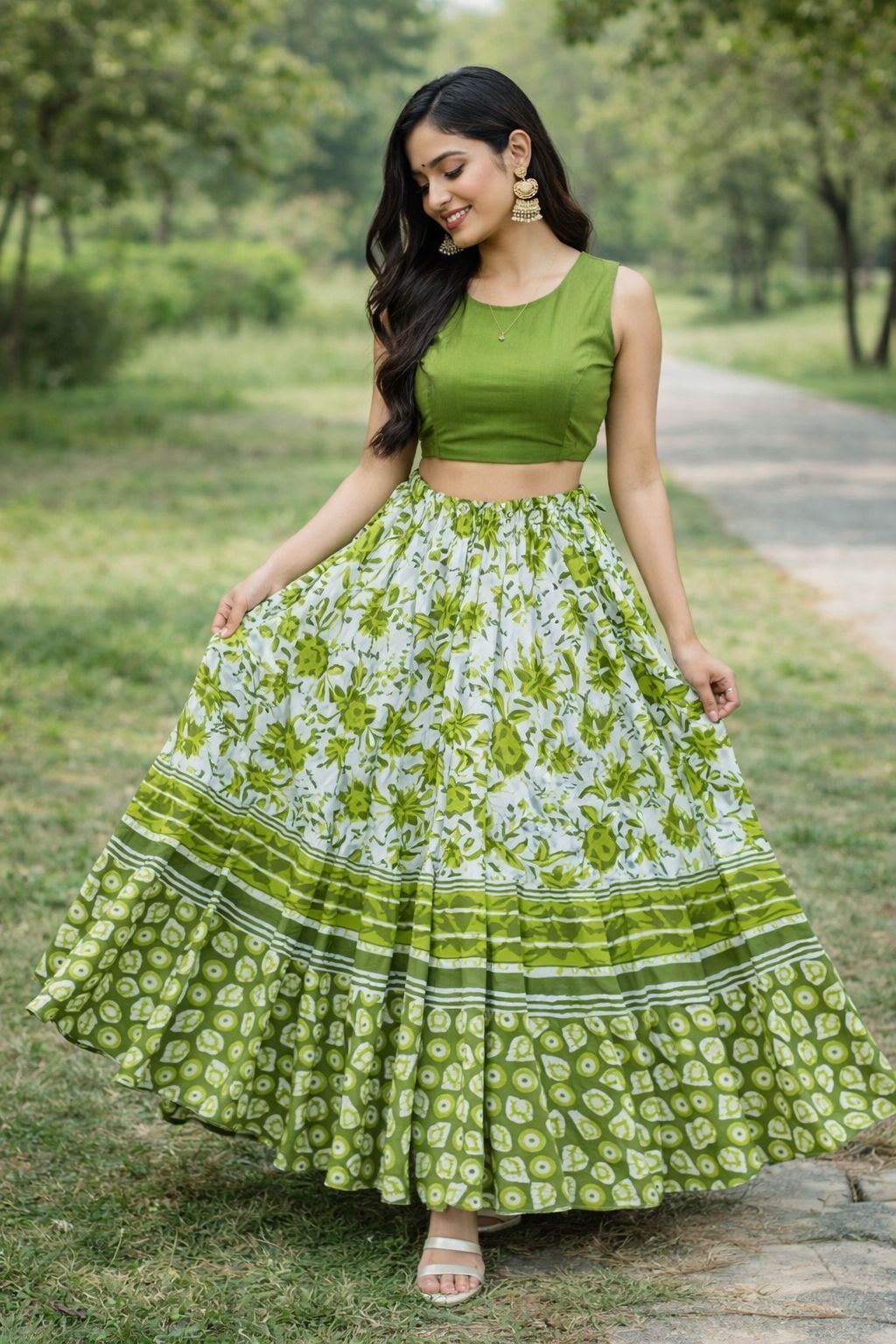 dream of style Women Floral Print Flared Green Skirt-picture-20