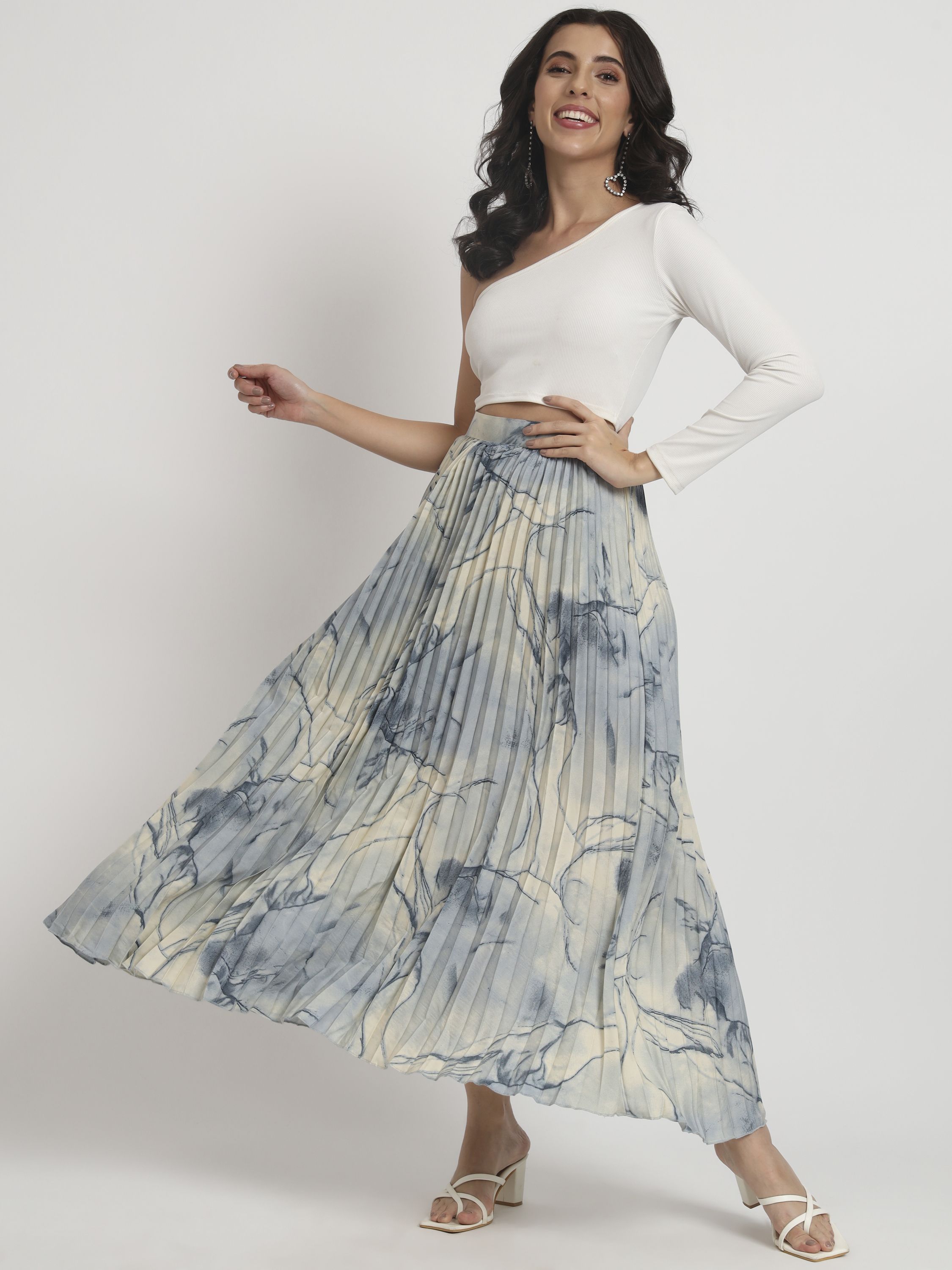 otabu Women Printed Pleated Grey, Blue Skirt-picture-24