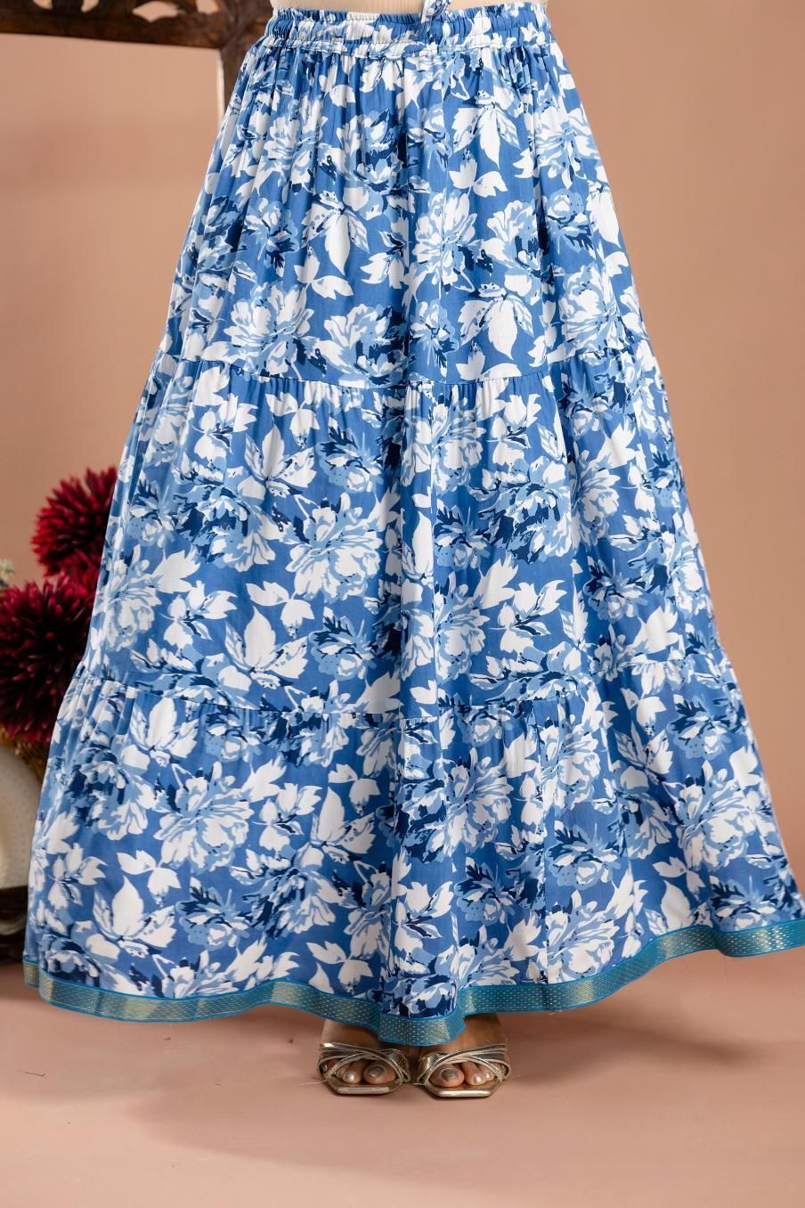 Women Floral Print Flared Light Blue Skirt-image-20