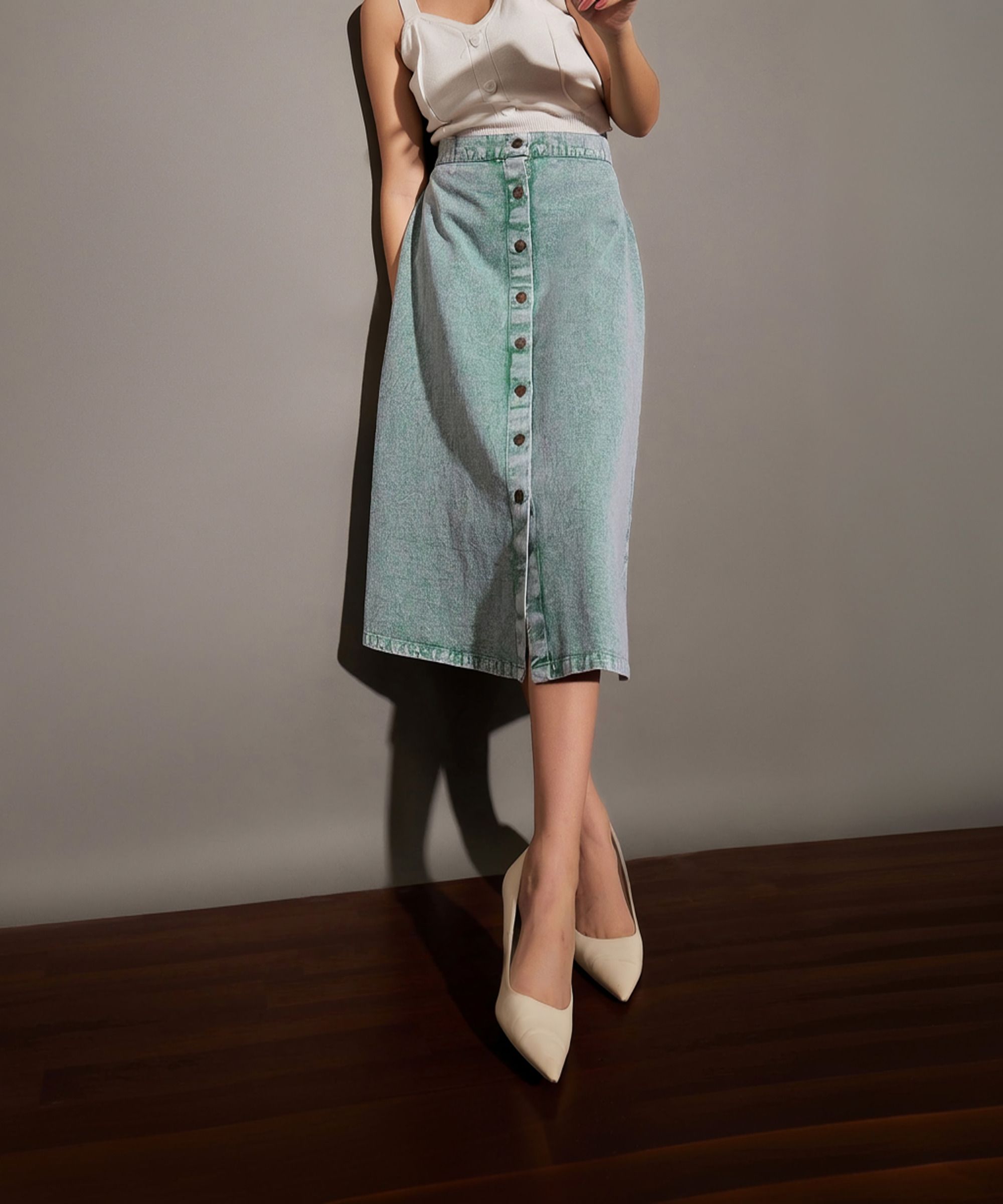 Women Washed A-line Green Skirt-image-34