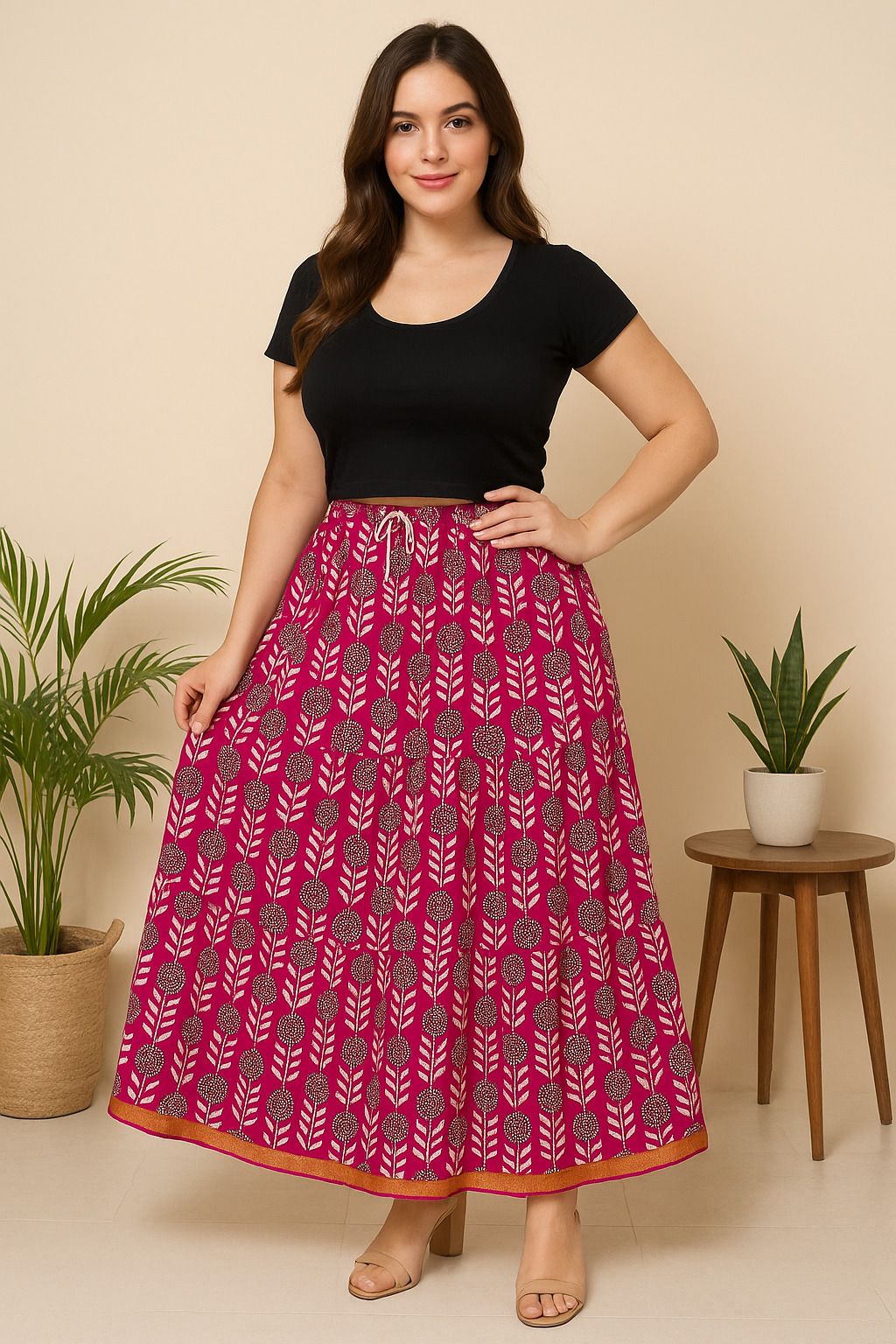 himcare Women Printed Tiered Pink Skirt-picture-28