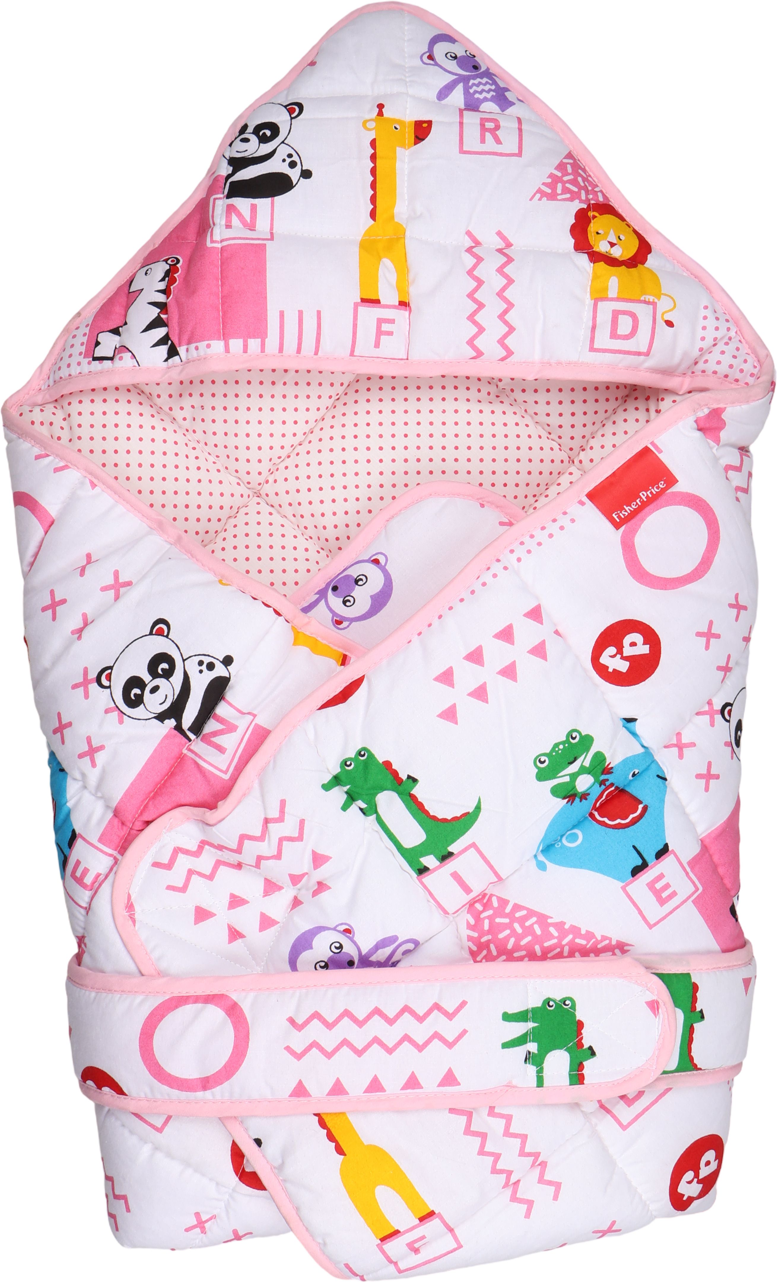 fisher-price White & Pink 100% Cotton Hooded Wrapper Cum Swaddle Sleeping Bag-picture-4