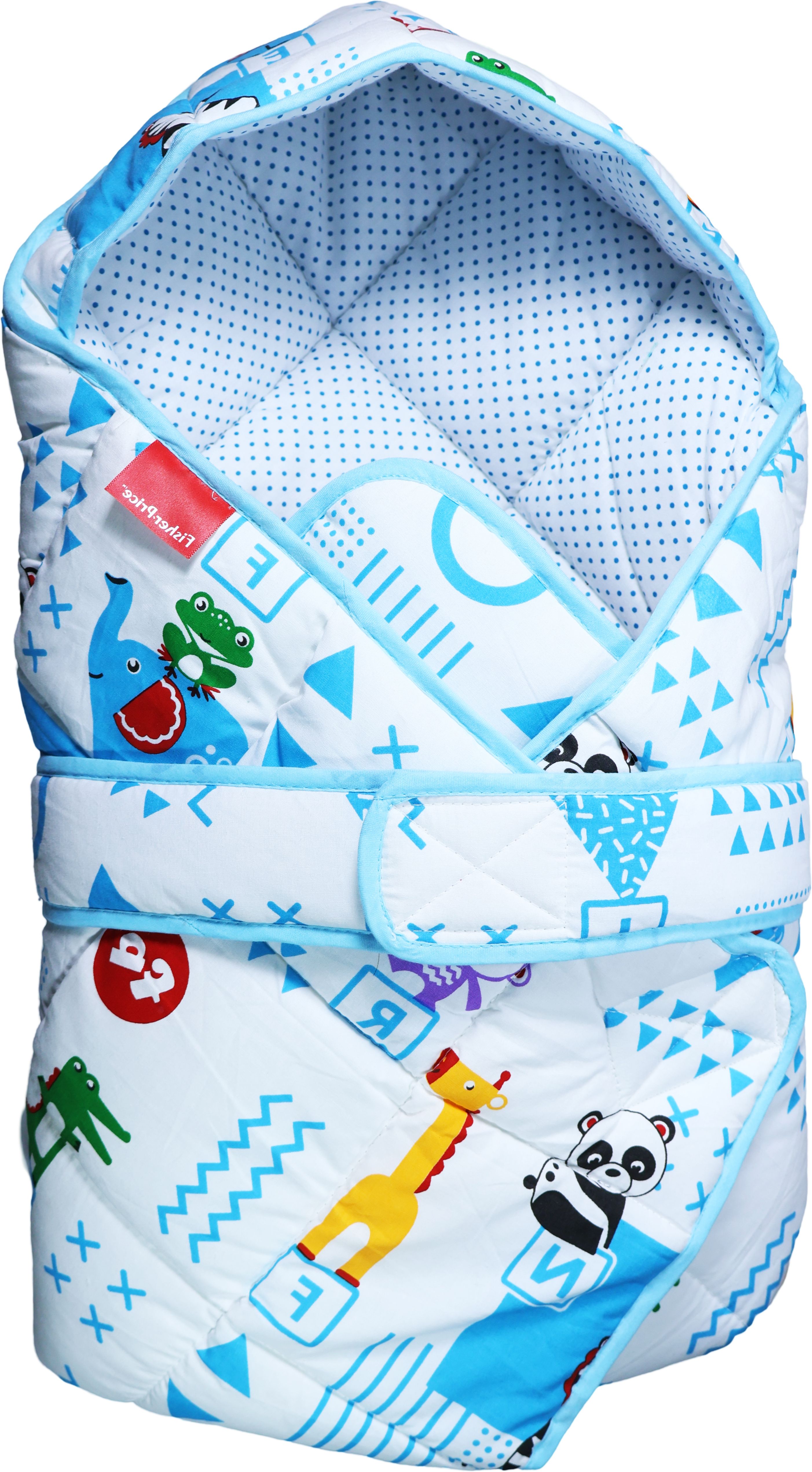 White & Blue 100% Cotton Hooded Wrapper Cum Swaddle Sleeping Bag-image-24