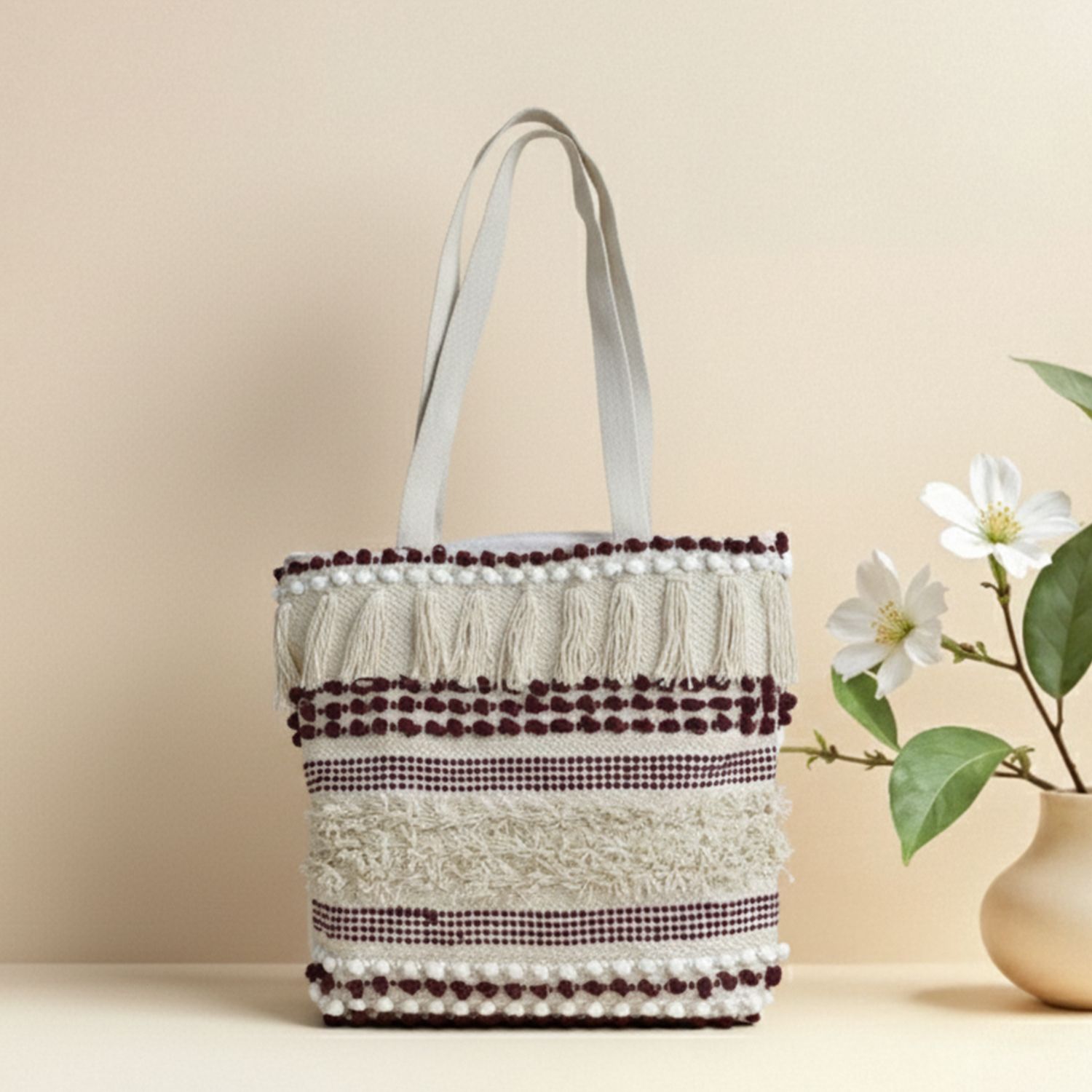 White, Maroon Women Tote khadi hand bag-image-36
