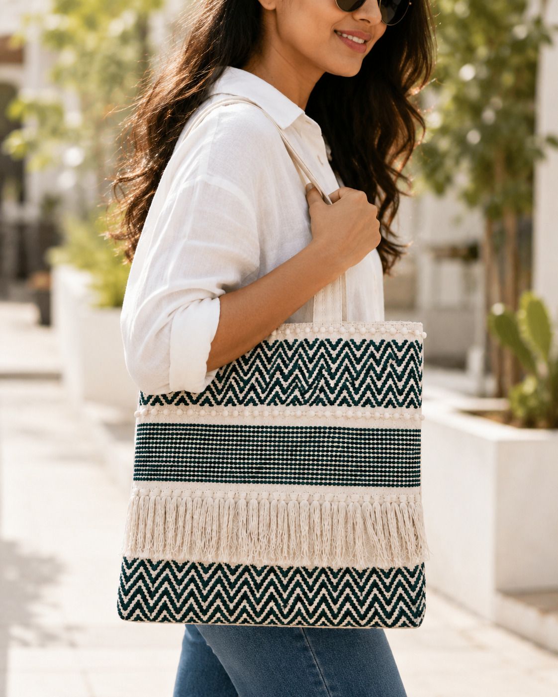 Green Women Tote Handcrafted Coral Pink & Ivory Woven Cotton Fringe Tote Shoulder Bag for Women-image-5