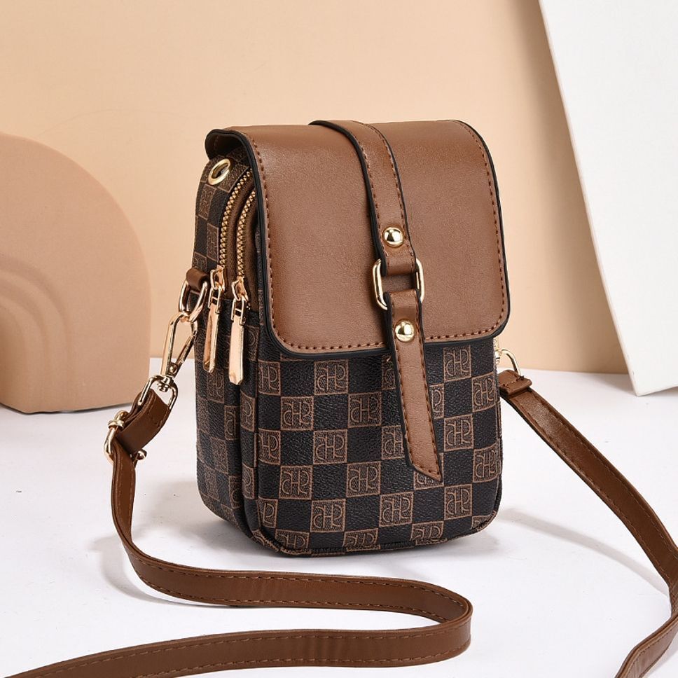 momisy Brown Women Sling Bag Checkered Pattern Mini Shoulder Purse with Adjustable Strap-picture-26