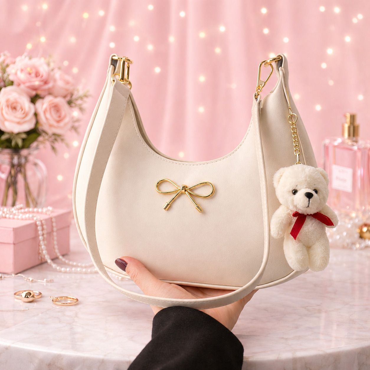 feetglow Beige Women Sling Bag TeddyBow Mini Sling-picture-12
