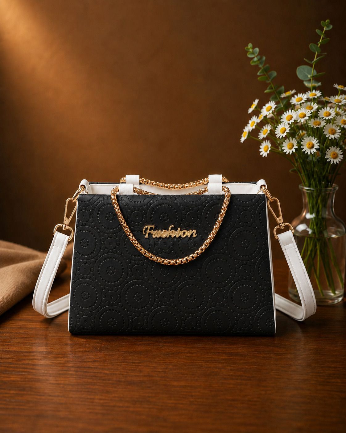 Black Women Sling Bag Women's Structured Crossbody Bag with Contrast Straps-image-3