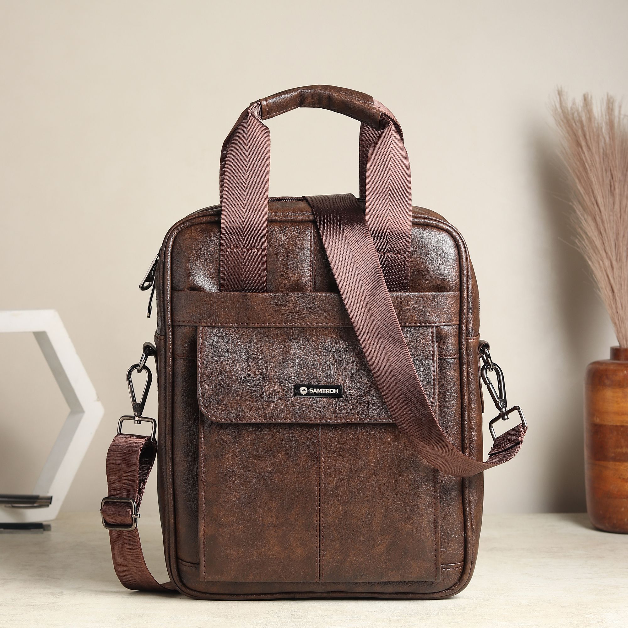 samtroh Brown Men Sling Bag Vegan Leather Shoulder Bag A4 Size Paper Or Notebook Casual Crossbody Bag-picture-11