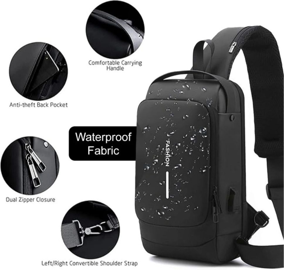 Black Men Shoulder Bag Black Men Shoulder Bag Sling Bag for Men Crossbody Bag USB PU Shoulder Bag-image-1