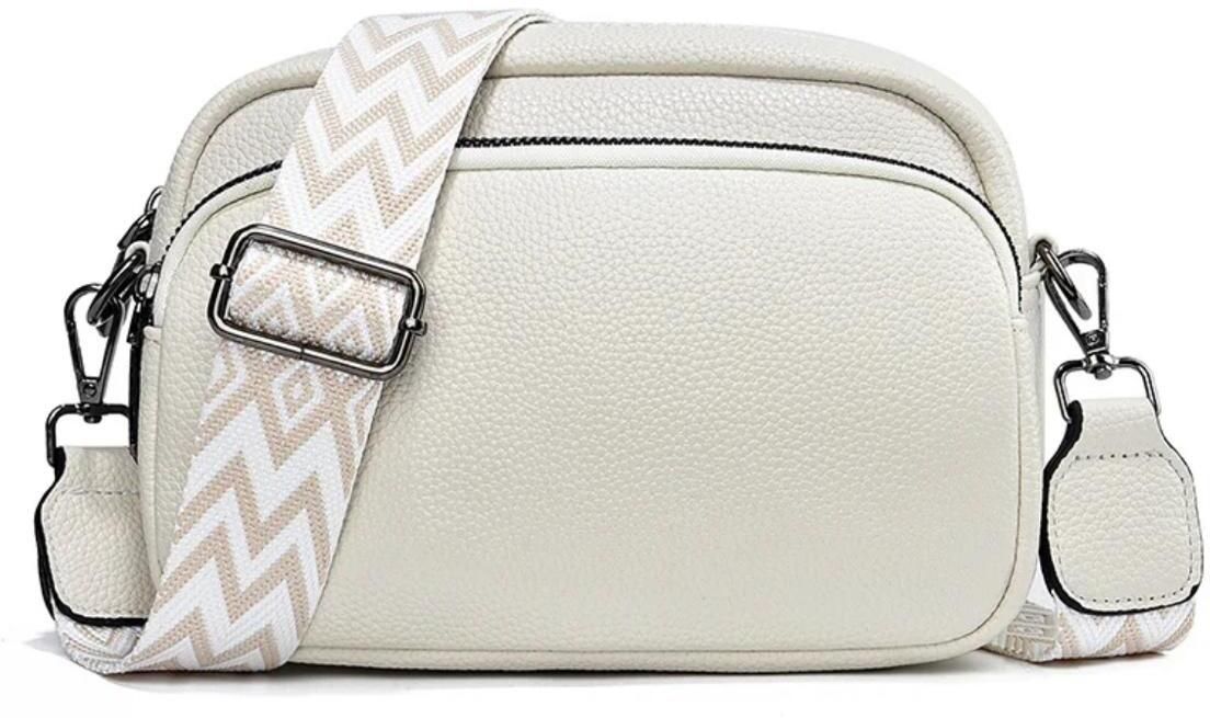 White Women Sling Bag Small Crossbody Bag with Wide Guitar Strap with back & front Zipper Pocket