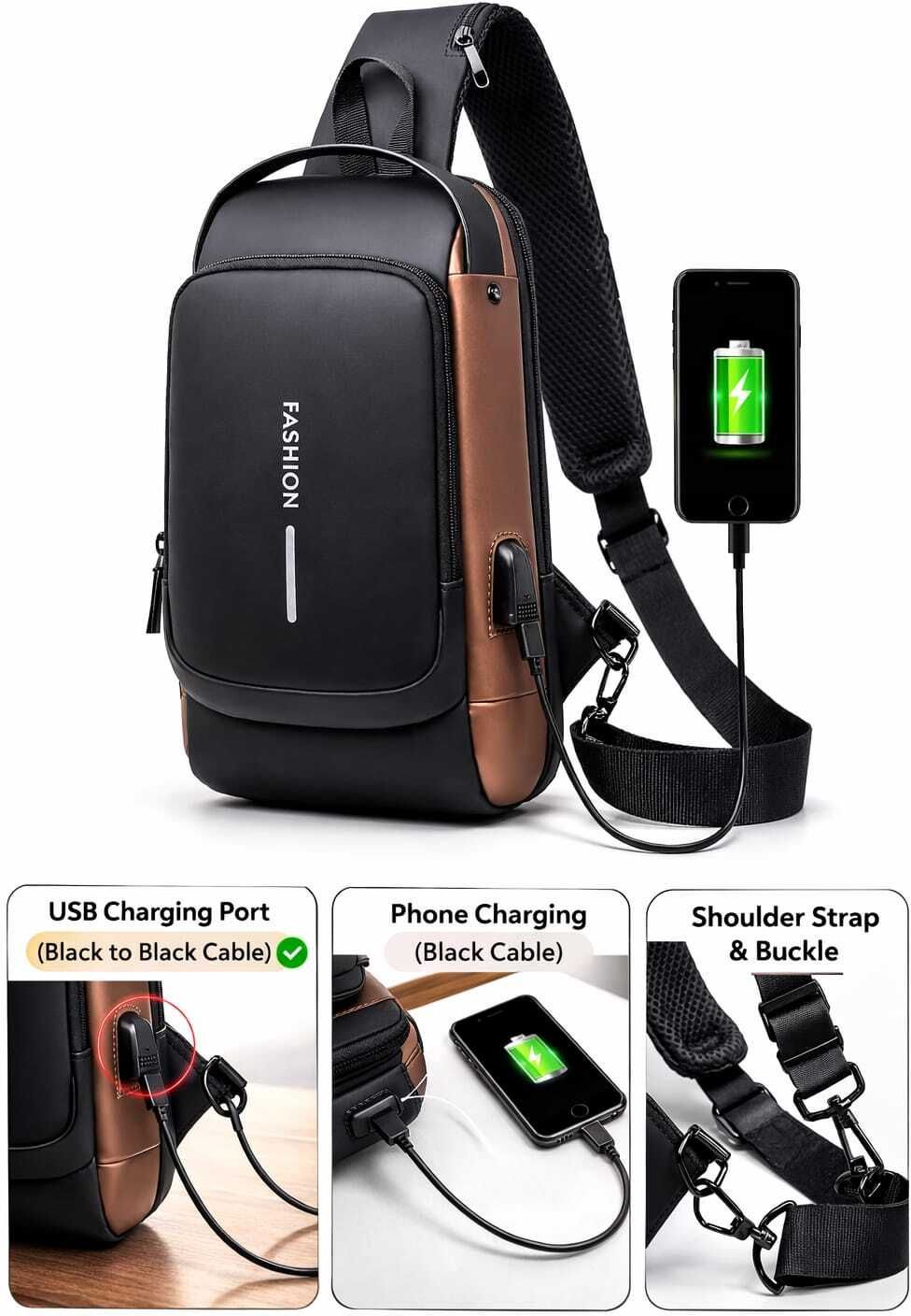 Blue, Black, Brown Men & Women Sling Bag BLACK_ANTI-THEFT WATER-RESISTANT CROSS BODY,S WITH USB CHRGING