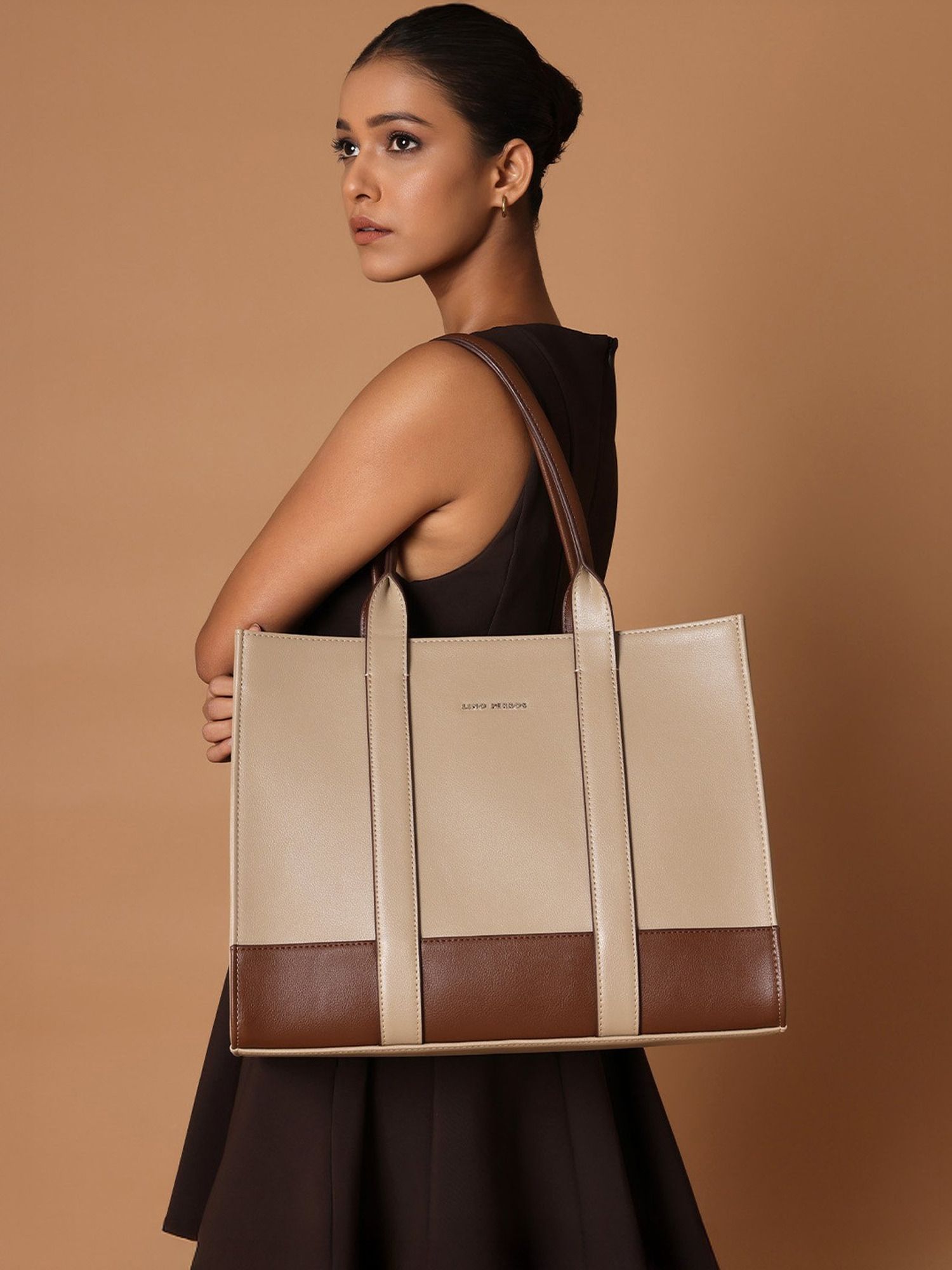 Tan Women Tote Voyage Color-blocked Commuter bag-image-4