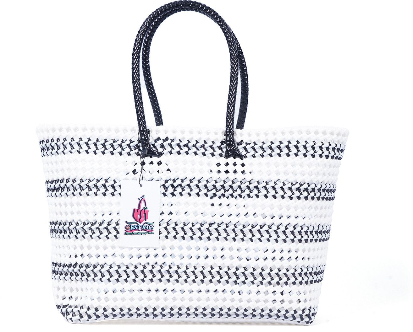 White Men & Women Tote Reusbale Plastic Wire Koodai - White with Black horizontal stripes and handle-image-36