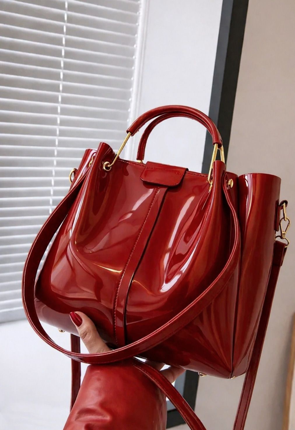 Red Women Hand-held Bag Premium PU Leather Glossy Handbag for Daily & Party Use-image-4