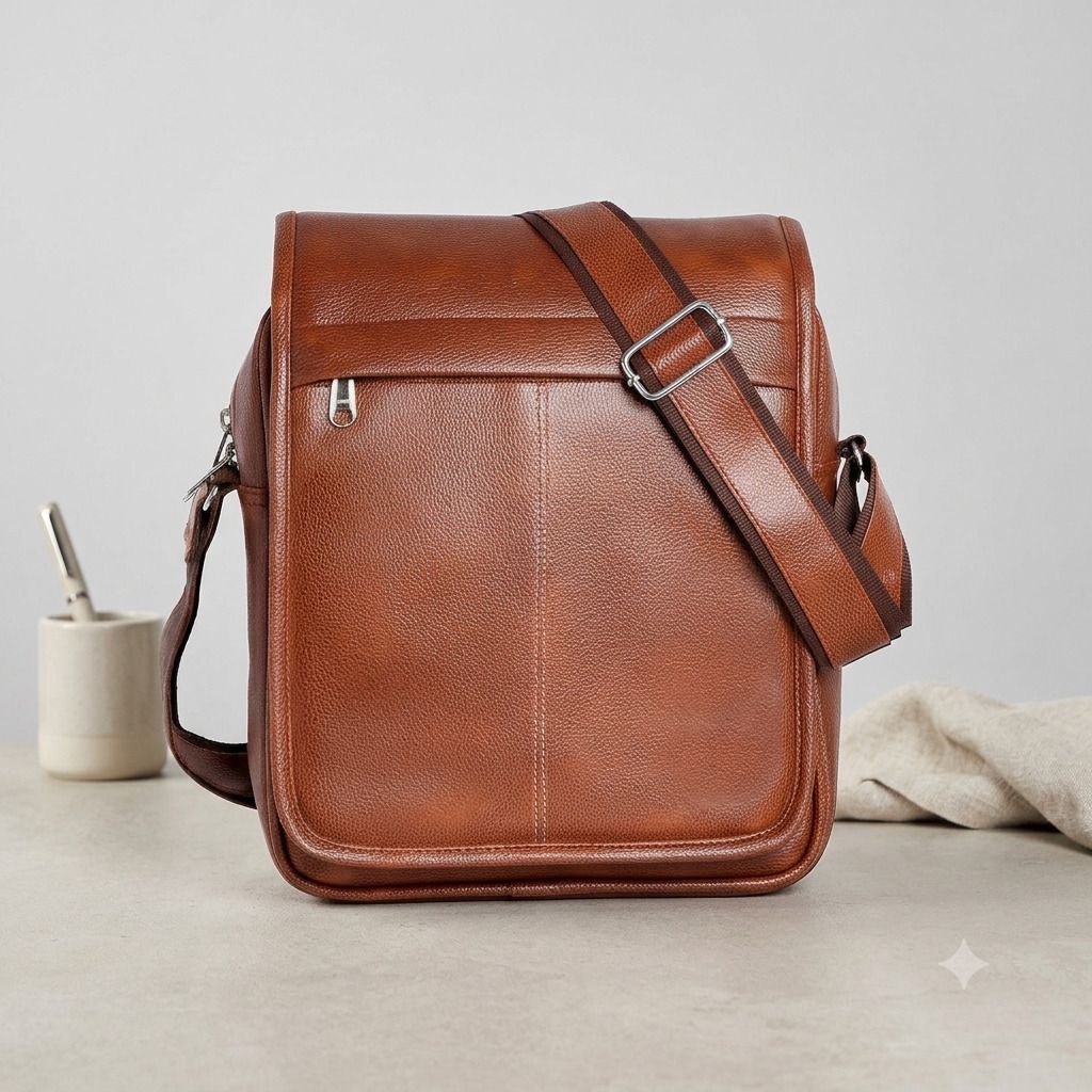 Tan Men Sling Bag Premium PU Leather Flap Crossbody Sling Bag-image-19