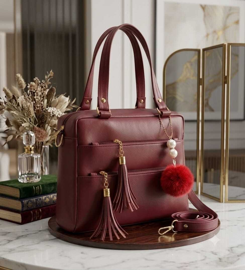 Maroon Women Messenger Bag Maroon Structured Satchel Handbag with Tassels and Pom-Pom Charm-image-3