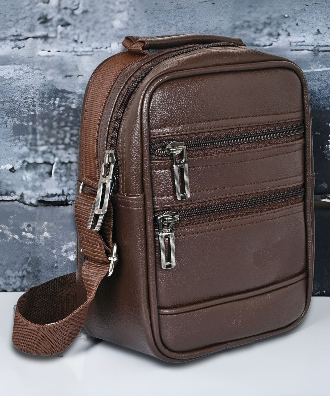 Brown Men Sling Bag - Medium TopGrain Faux Leather Sling Bag for Men Women |Glossy Leather Sling Bag for Men Travel |side bags for boys | mobile sling bag for men | mobile sling pouch for women |bike bags |Small Hiking trekking travel shoulder bags |Crossbody Chest Mini bags men women | gift item for boyfriend |Small travelling leather Sling | Corporate Gift Item.-image-1