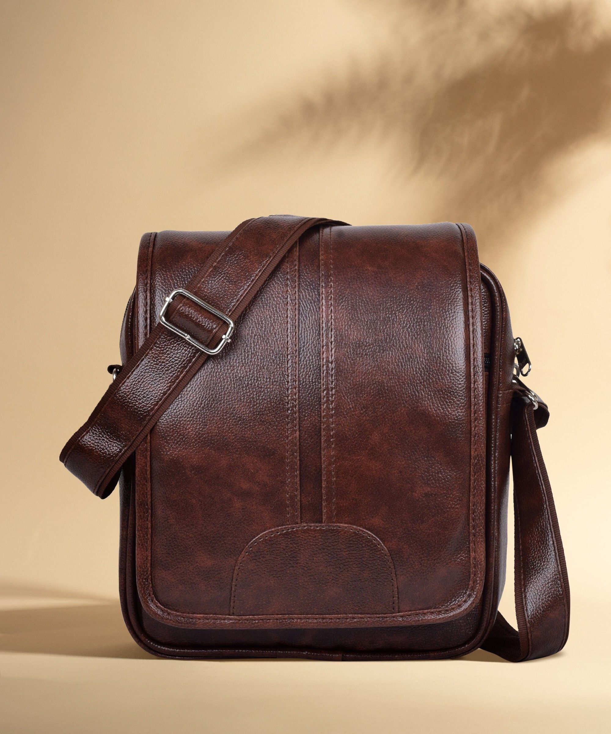 Brown Men Sling Bag - Medium Pu Leather Shoulder Bag for Men/-image-1