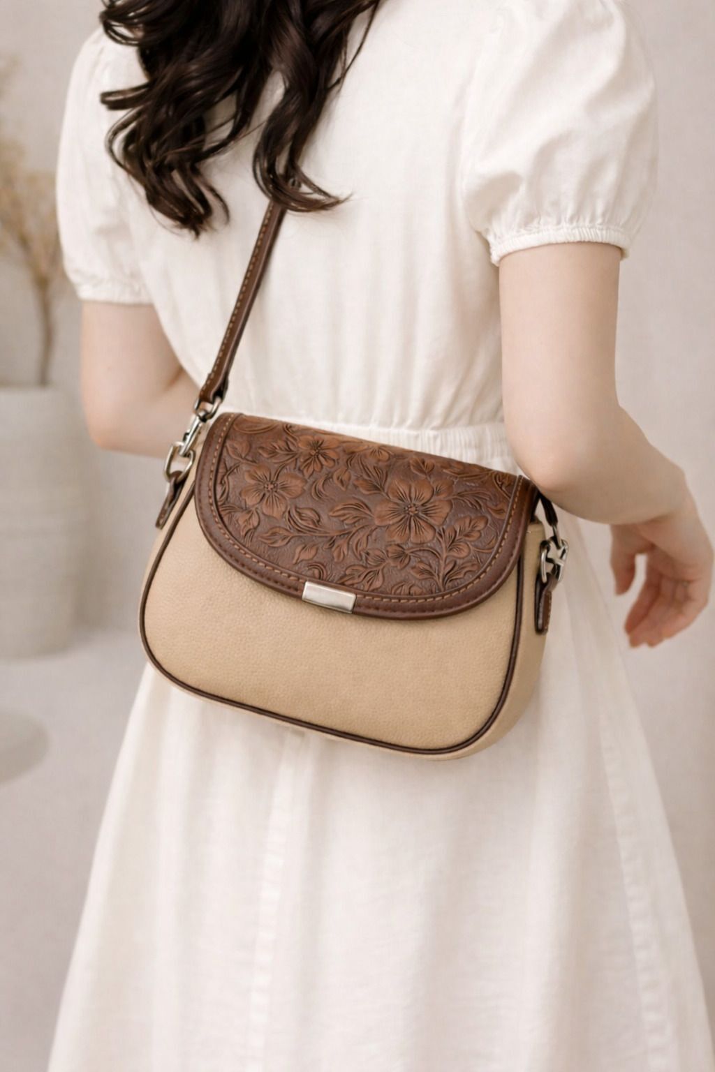Beige Women Sling Bag Korean Floral Embossed Women & Girls Crossbody Sling Bag