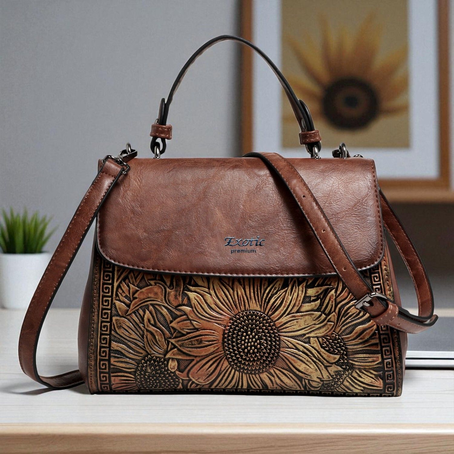 exotic premium Brown Women Sling Bag Vintage Embossed Floral Flap Desing Sling Bag For Women-picture-30