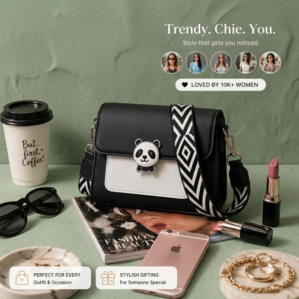 Black Women Sling Bag Cute Panda Lock Purse for Women Daily Use Sling Bag-image-11