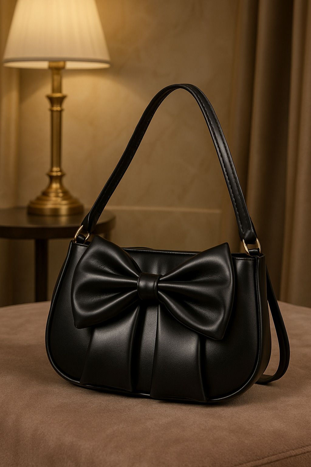 Black Women Shoulder Bag Chic Bowknot Pleated Black Shoulder Bag-image-1