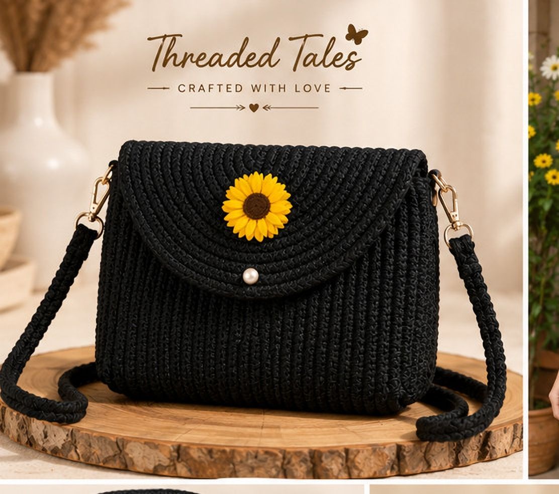 threaded tales Black Women Sling Bag Black Shoulder Bag Handmade Crochet Sunflower Handbag for Women | Aesthetic Knit-picture-23
