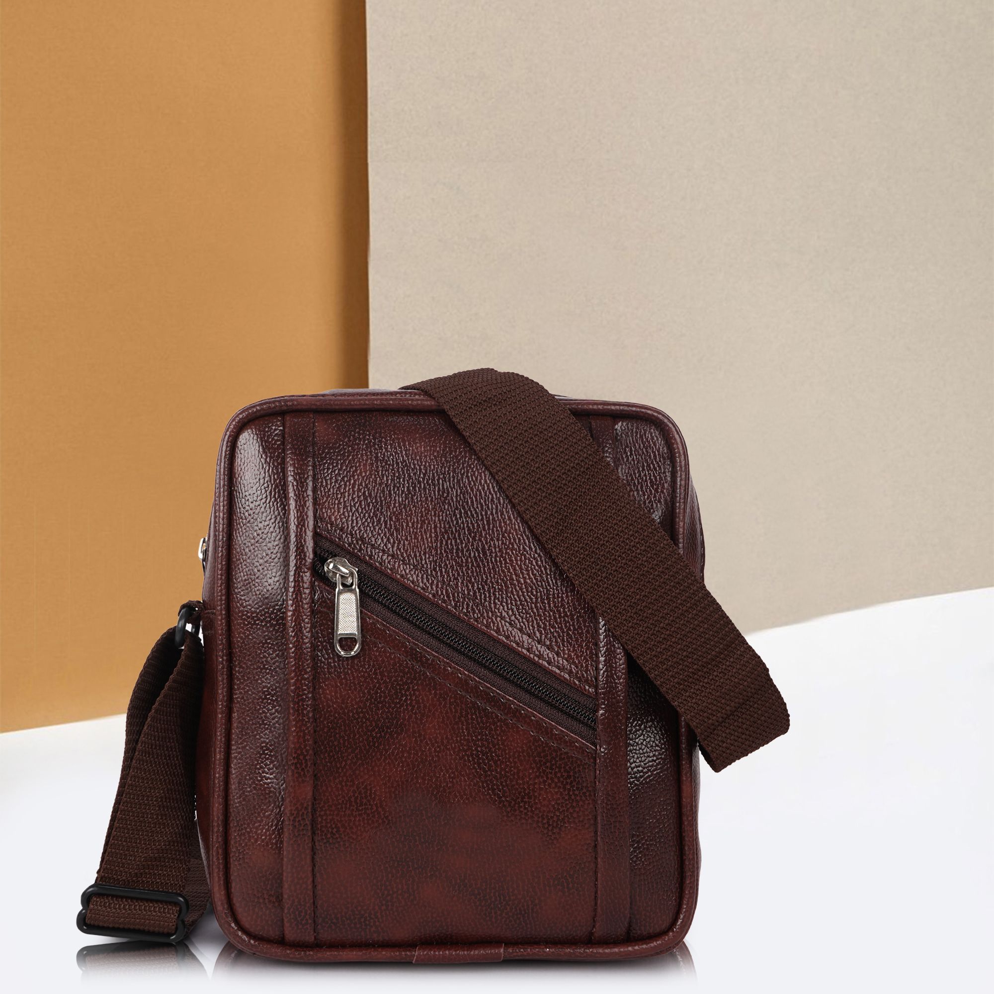 Brown Men Sling Bag Men's Leatherette Sling Bag Crossbody Shoulder Messenger T-image-33