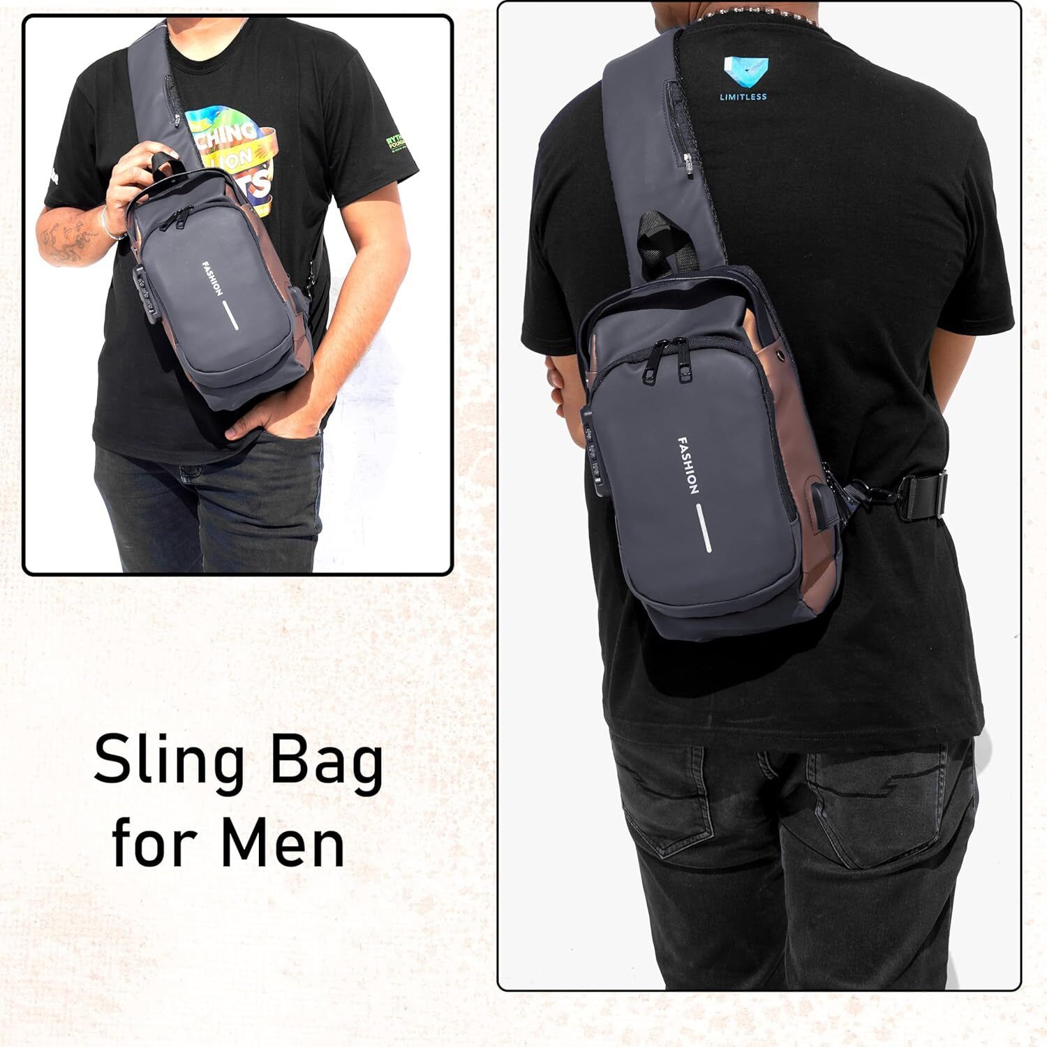 Grey, Brown Men & Women Sling Bag Unisex Side Bag With Inbuilt Charging Port