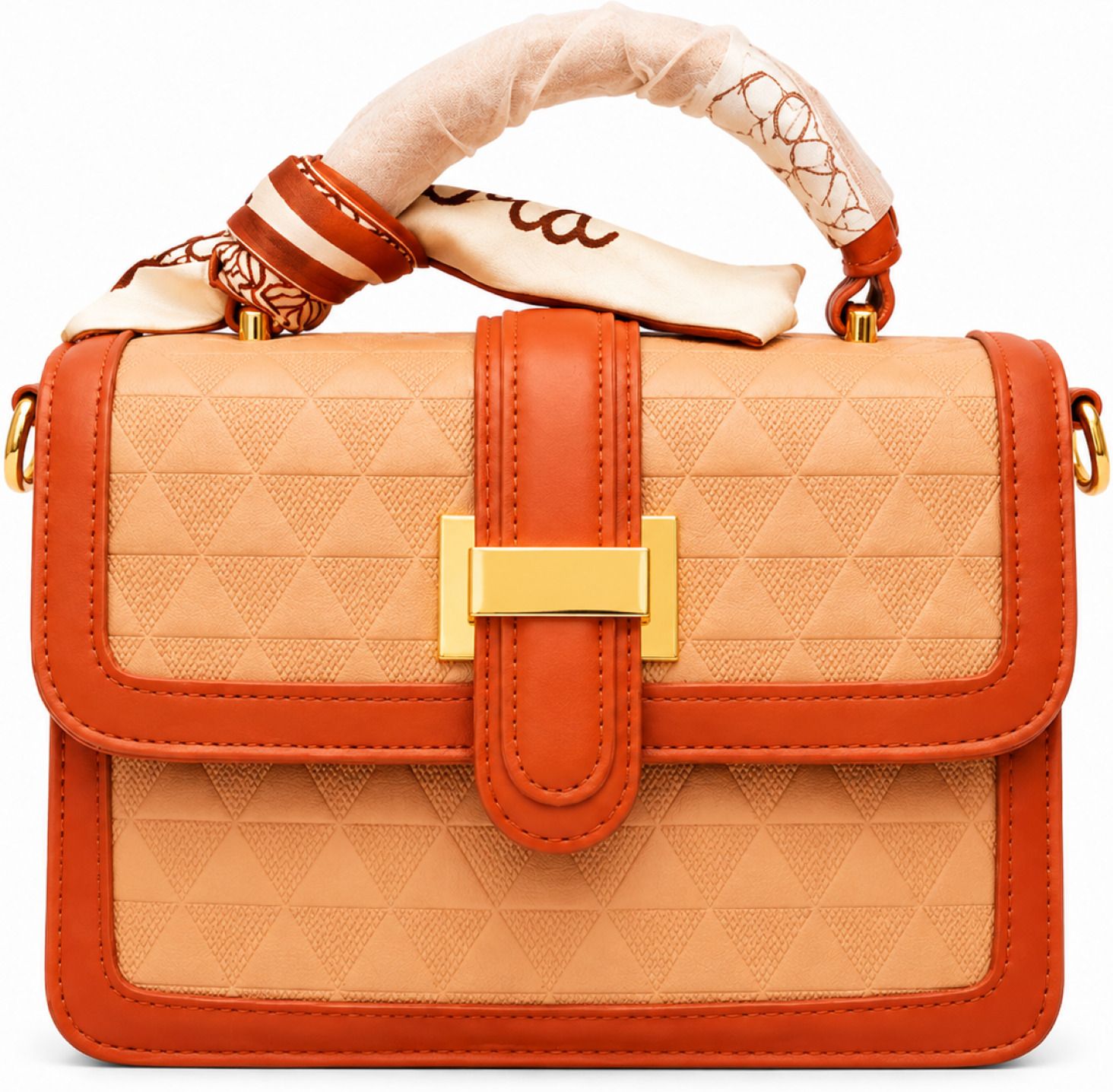 Tan Women Sling Bag Peach Quilted Satchel with Scarf-Wrapped Handle-image-9