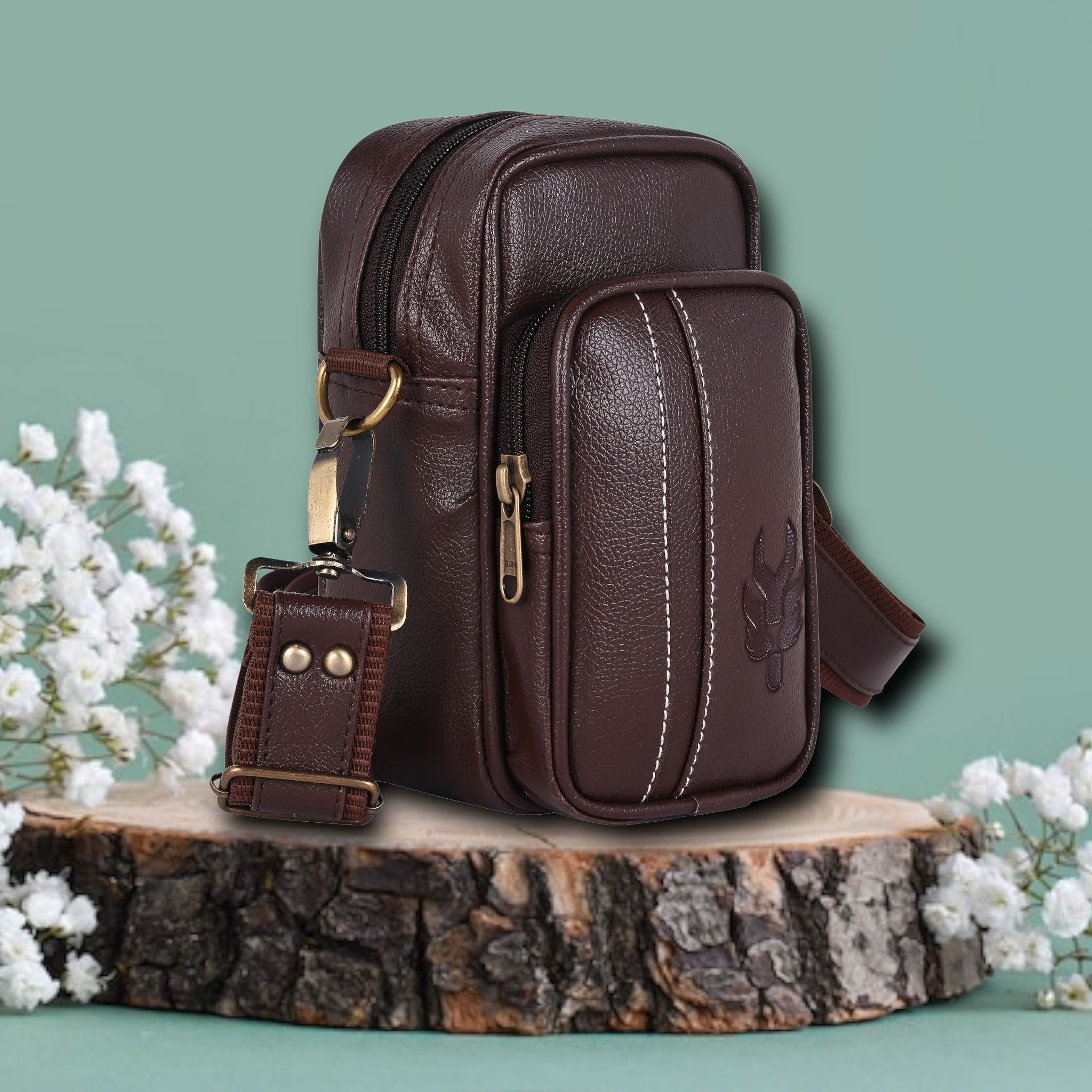 Brown Men Sling Bag Classic 8 inch ITALIA Mobile Vegan Leather Sling Bag for Men Women | TopGrain Faux Leather Sling Bag for Men Women |Glossy Leather Sling Bag for Men Travel |side bags for boys | mobile sling bag for men | mobile sling pouch for women |bike bags |Small Hiking trekking travel shoulder bags |Crossbody Chest Mini bags men women | gift item for boyfriend |Small travelling leather Sling | Corporate Gift Item-image-3