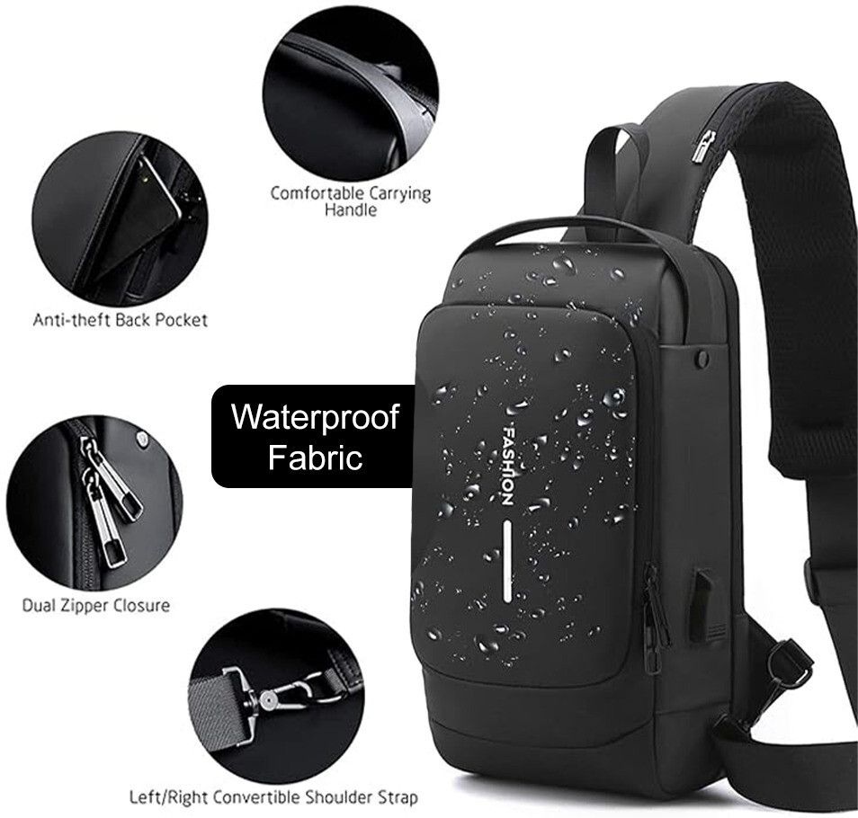 Black Men & Women Shoulder Bag Unisex Waterproof Crossbody Sling Bag – Anti-Theft, USB Charging