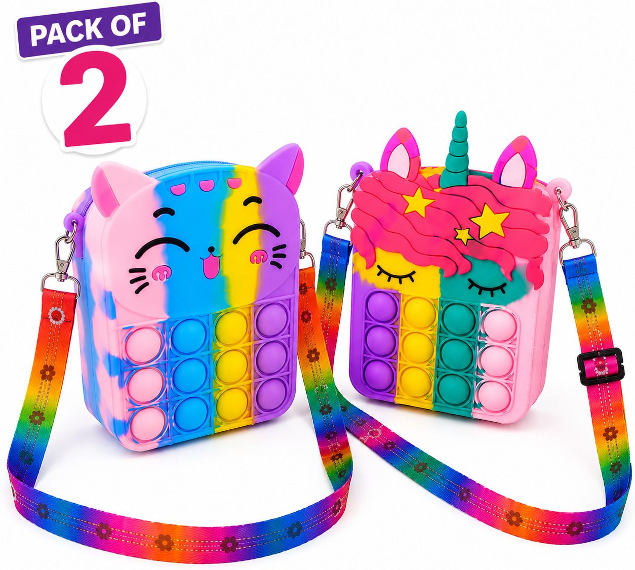 Multicolor Women Shoulder Bag Kids Pop It Silicone Sling Bag Pack of 2 Cat Design with Adjustable Strap-image-7