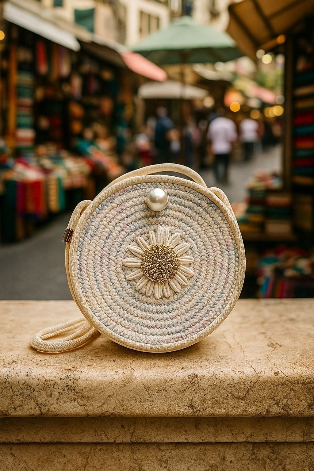 White Women Sling Bag SunBloom Boho Straw Handbag – Round Woven Purse with Sunflower & Pearl Detail-image-47