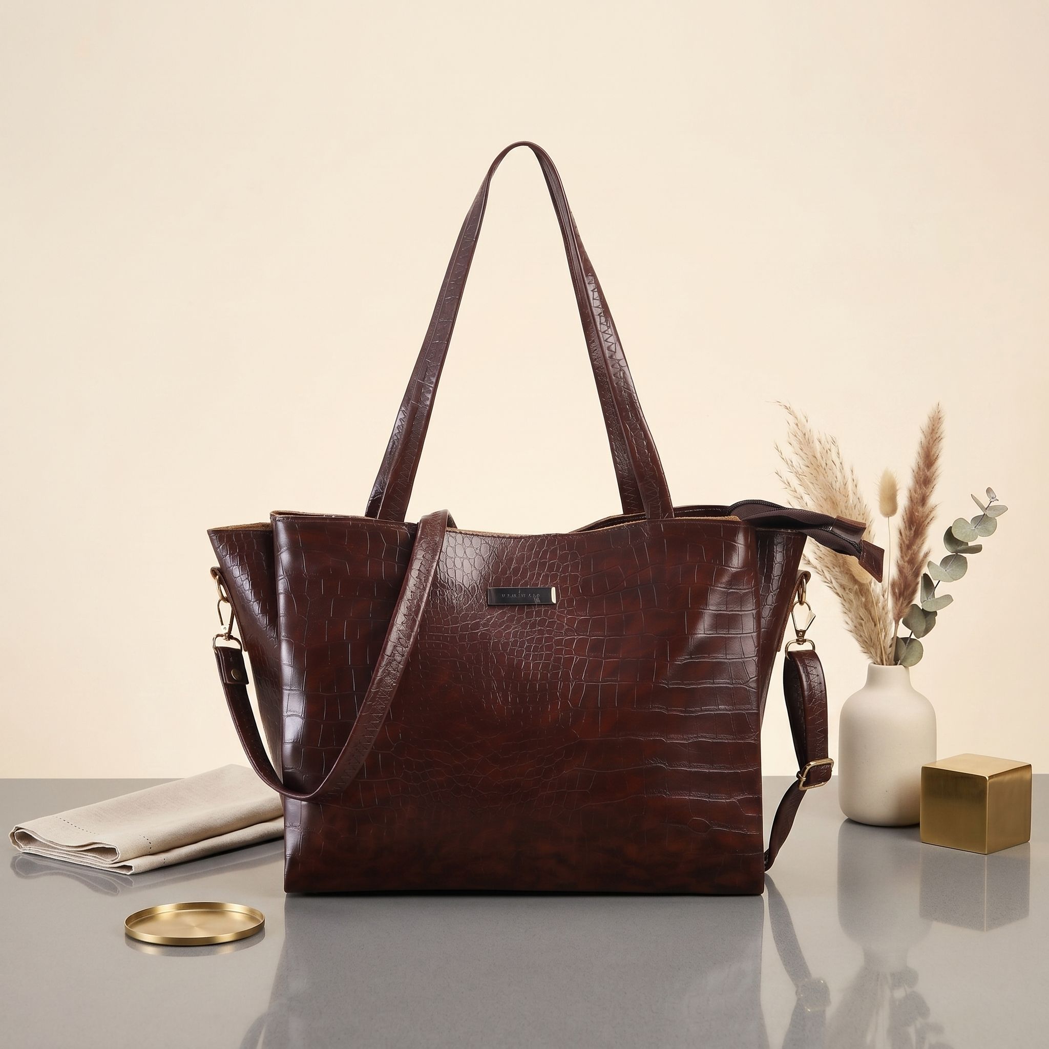 Brown Women Tote Croco Textures Handbag-image-7