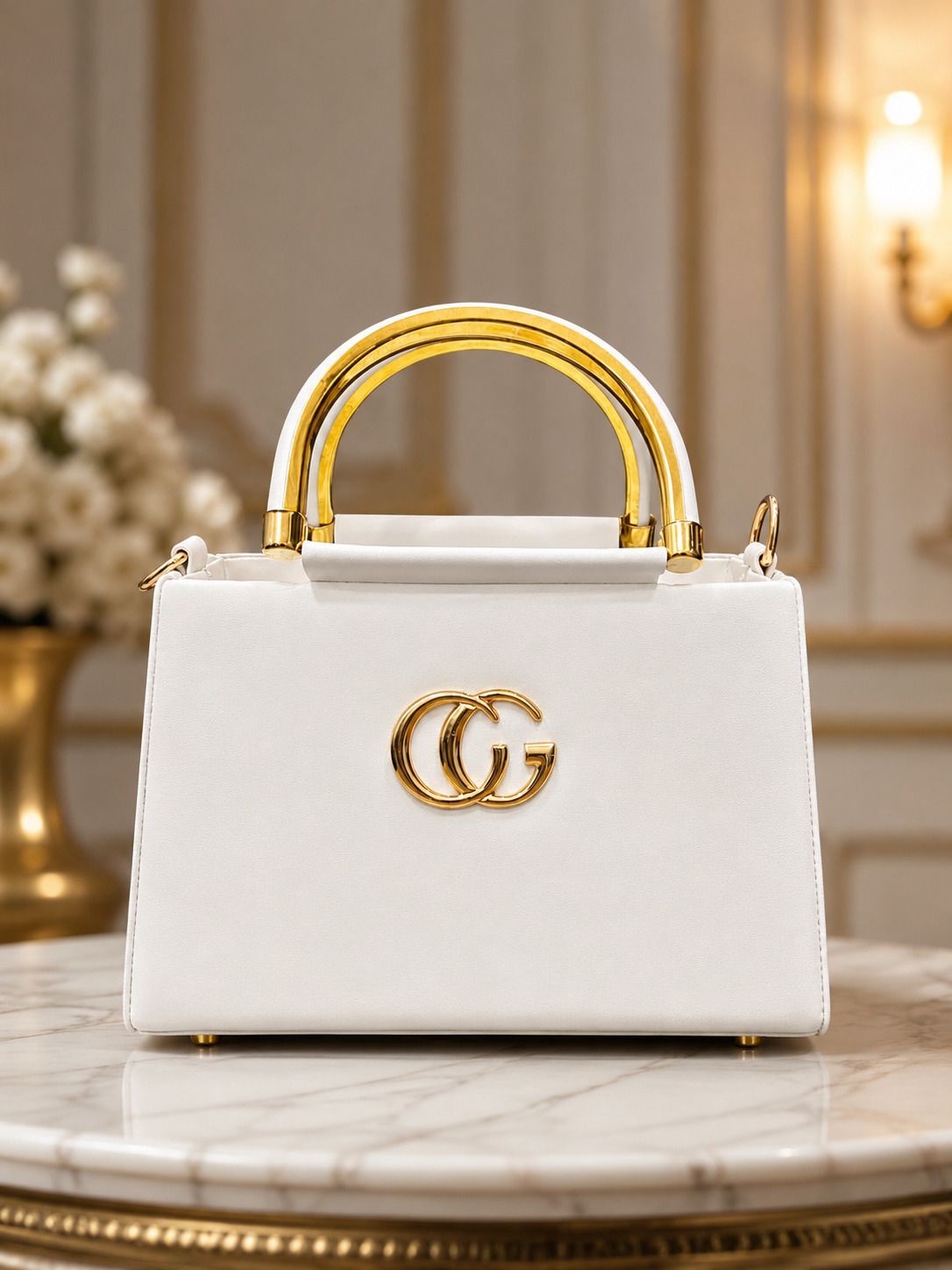 White Women Hand-held Bag Suzen Women's & Girl's White Hand Bag, Sling Bag With Golden Handle PU Bag-image-29