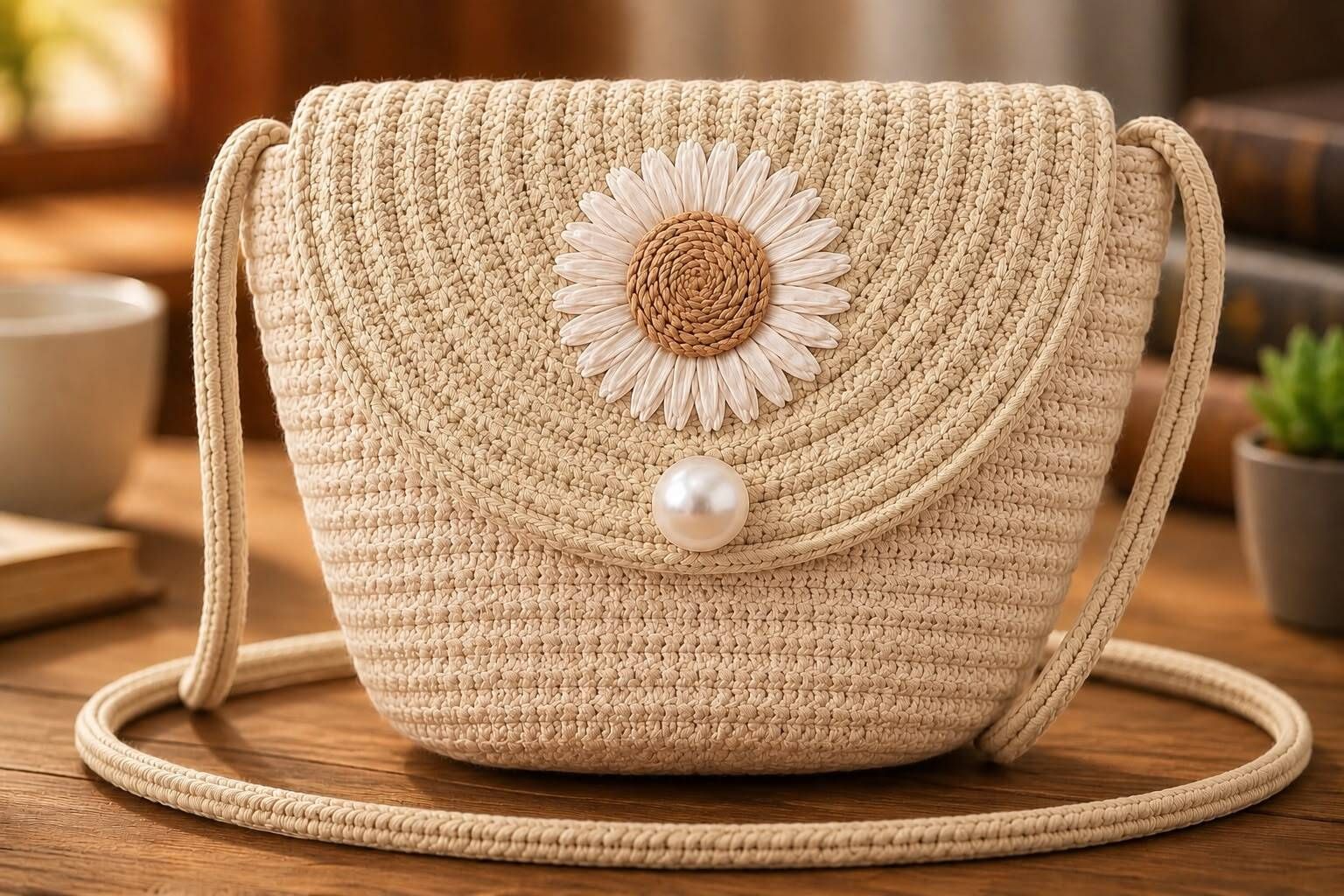 Beige Women Sling Bag Girl sling Bag Daisy Bloom Crochet Sling Bag-image-43