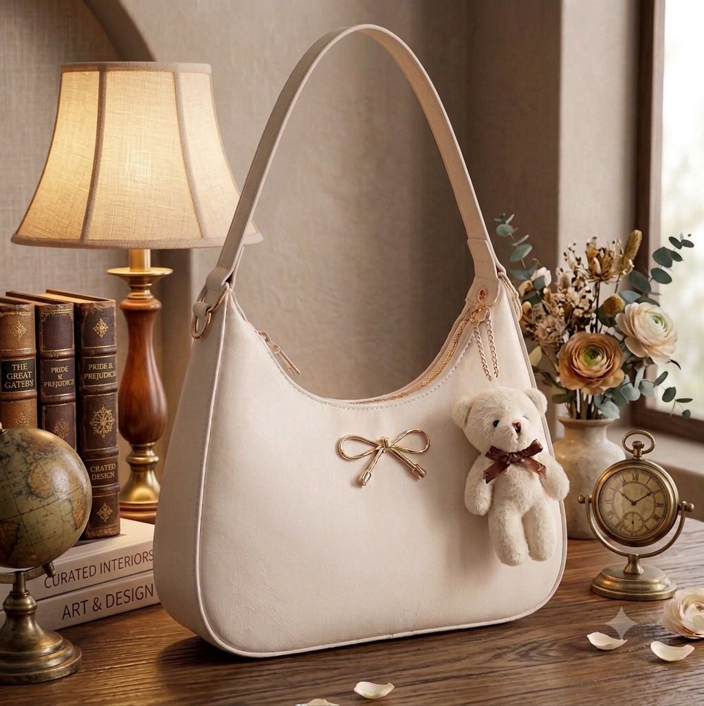 Beige Women Sling Bag Bow Accent Curved Hobo Bag with Plush Teddy Charm-image-30