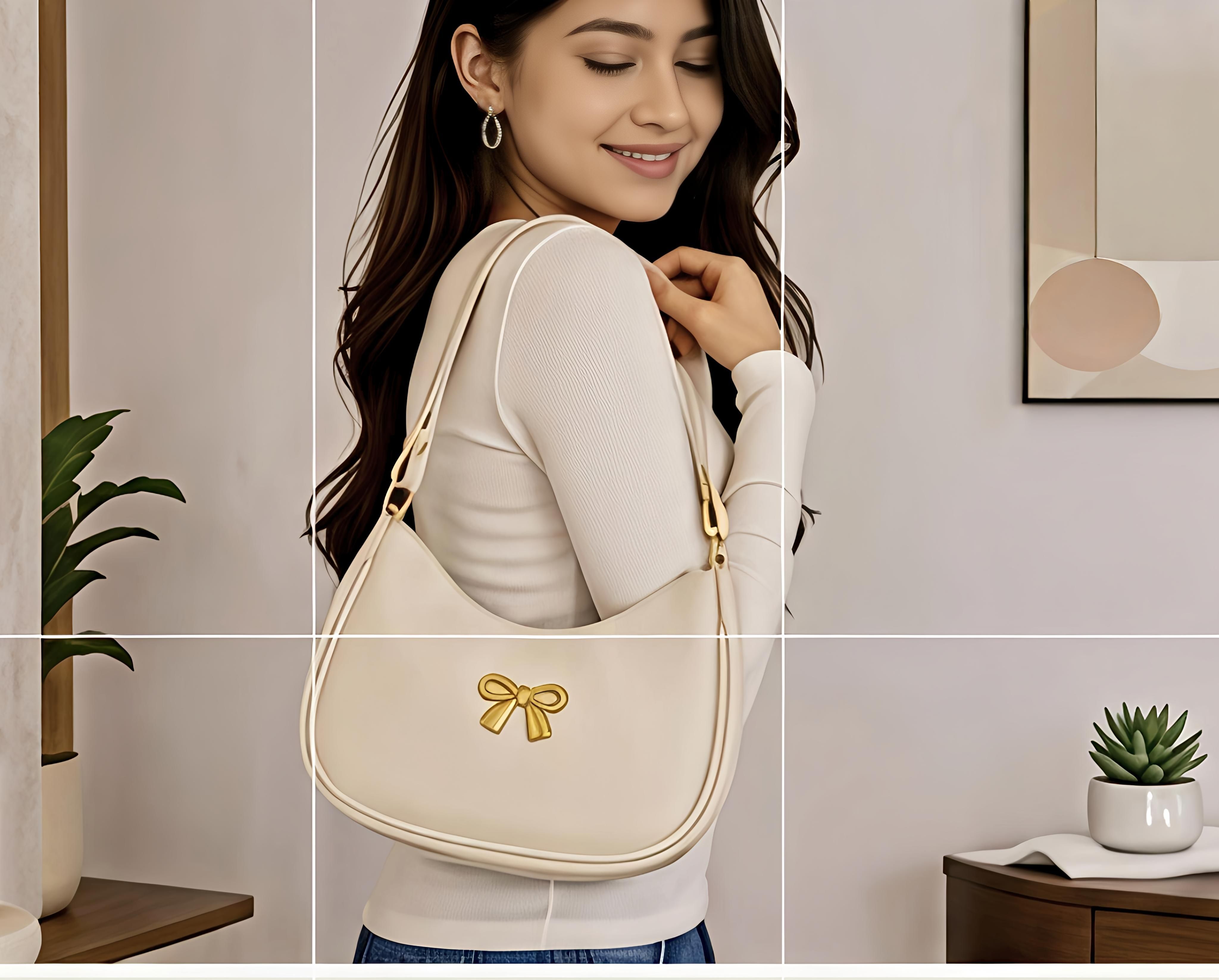 Beige Women Hobo Cream Crescent Shoulder Bag with Gold Bow Accent Minimalist Korean Hobo Handbag-image-25