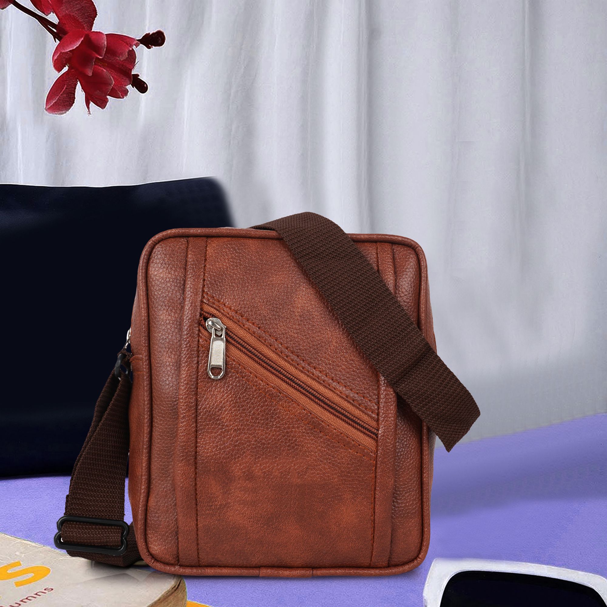 Tan Men Sling Bag Men's Leatherette Sling Bag Crossbody Shoulder Messenger T-image-0