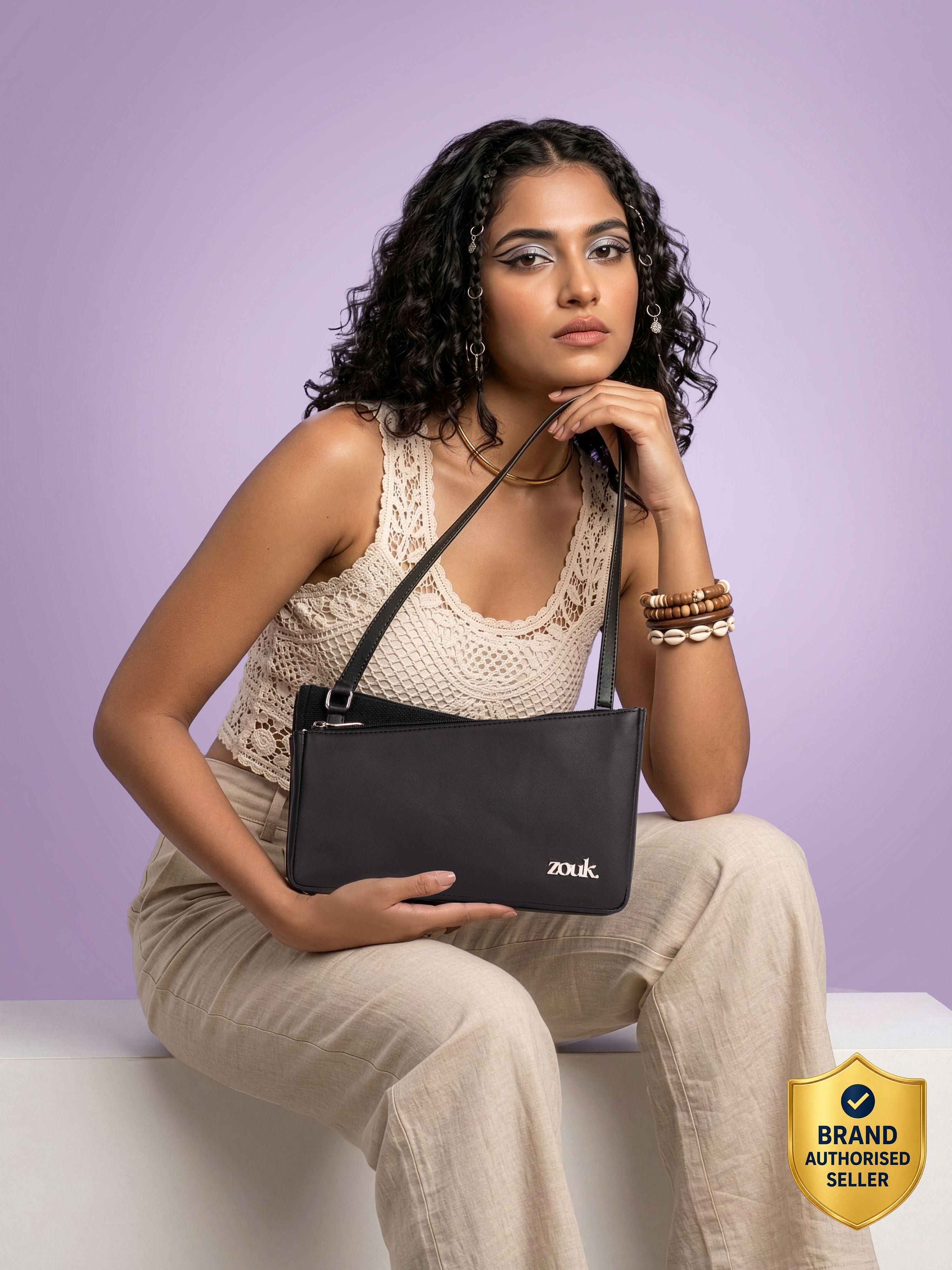 Black Women Sling Bag Kiya Baguette - Jet Black-image-4