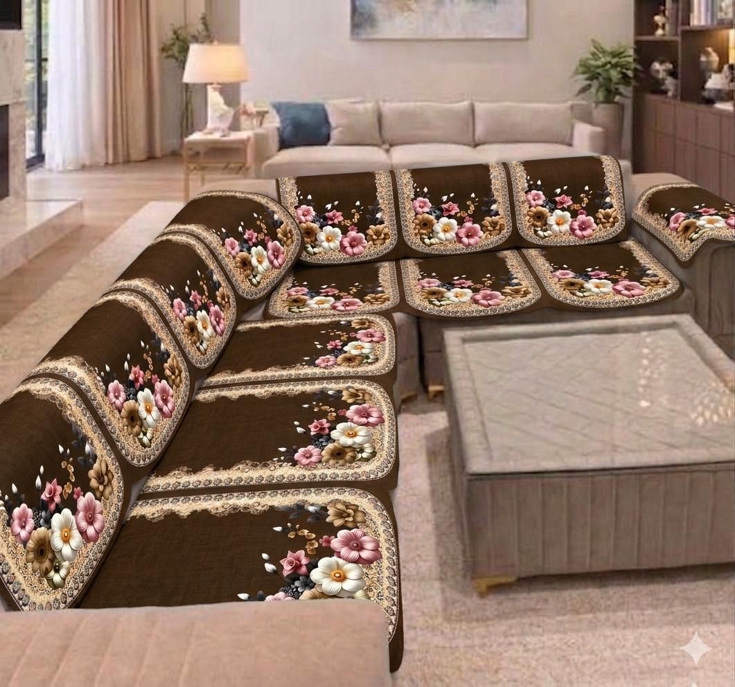 Velvet 4+3 Seater L-Shape Sofa Floral Cover-image-6