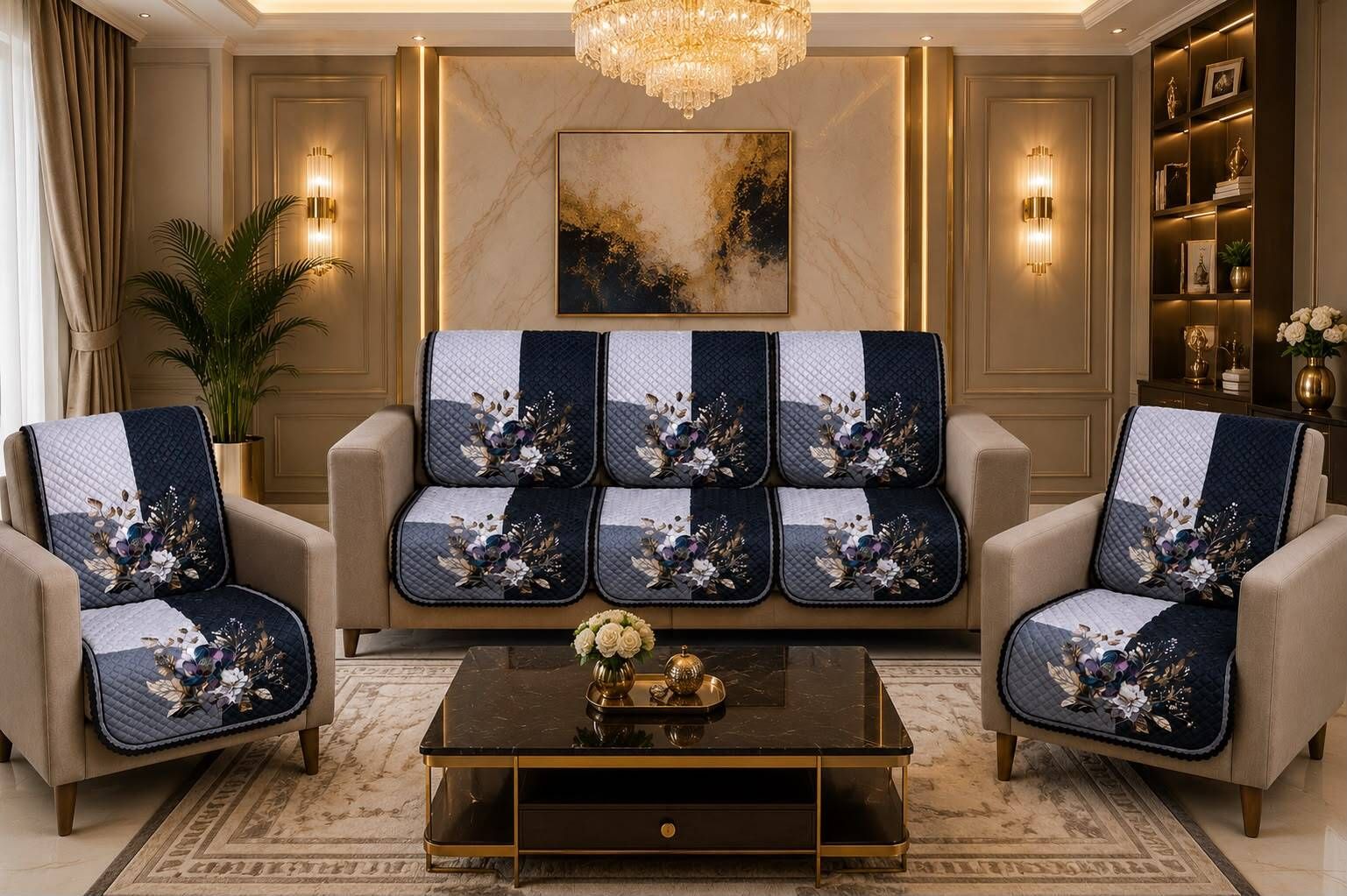 Polyester 3+2 Seater L-Shape Sofa Floral Cover-image-11