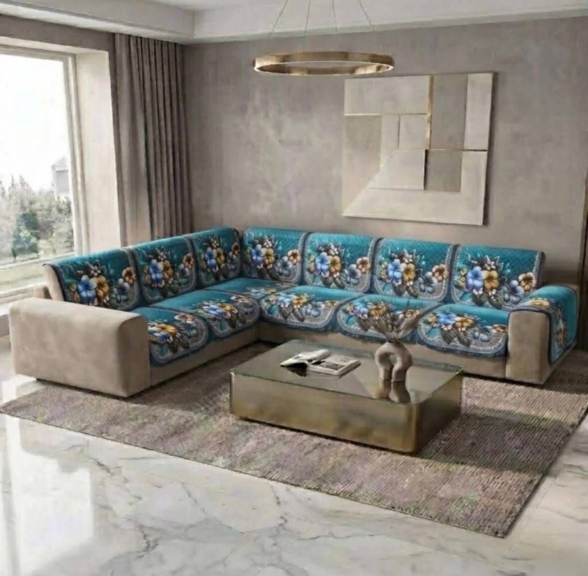 Velvet 3+3 Seater L-Shape Sofa Printed Cover-image-41