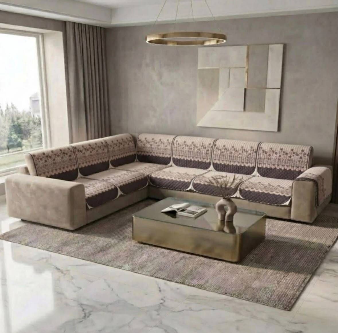 Velvet 3+3 Seater L-Shape Sofa Printed Cover-image-34
