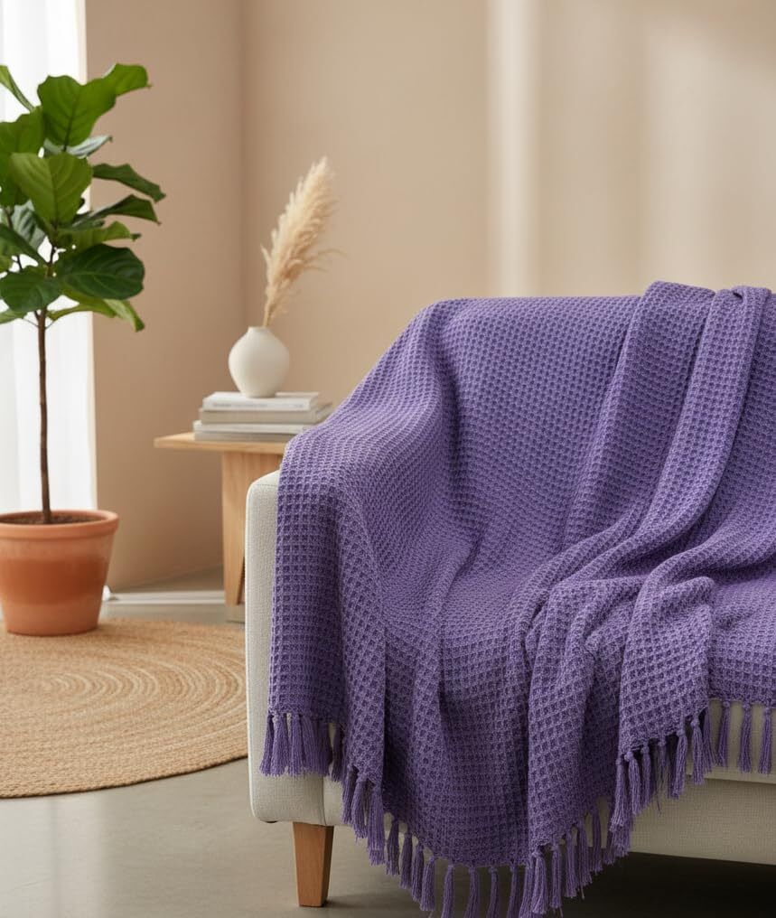 RUDRA HOME Premium Waffle Weave Cotton Throw Blanket with Tassels Soft & Lightweight | 50x60 inches | Sofa Fabric-picture-17