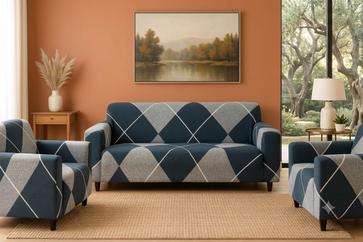 Polycotton 3+1+1 Seater Sofa Checkered Cover-image-36
